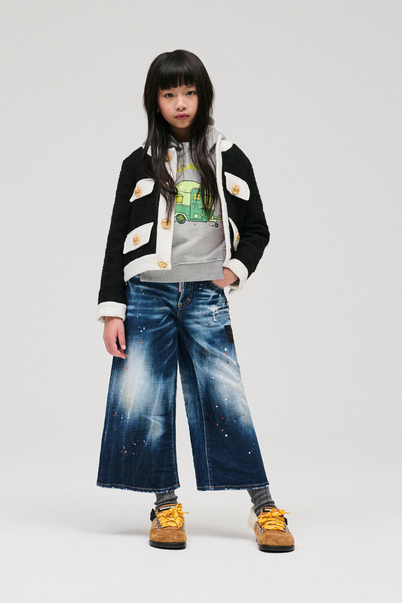 DSQUARED2女の子 ページワイドダークブルージーンズに切れ込みと色斑が入る。 | Brave Kid