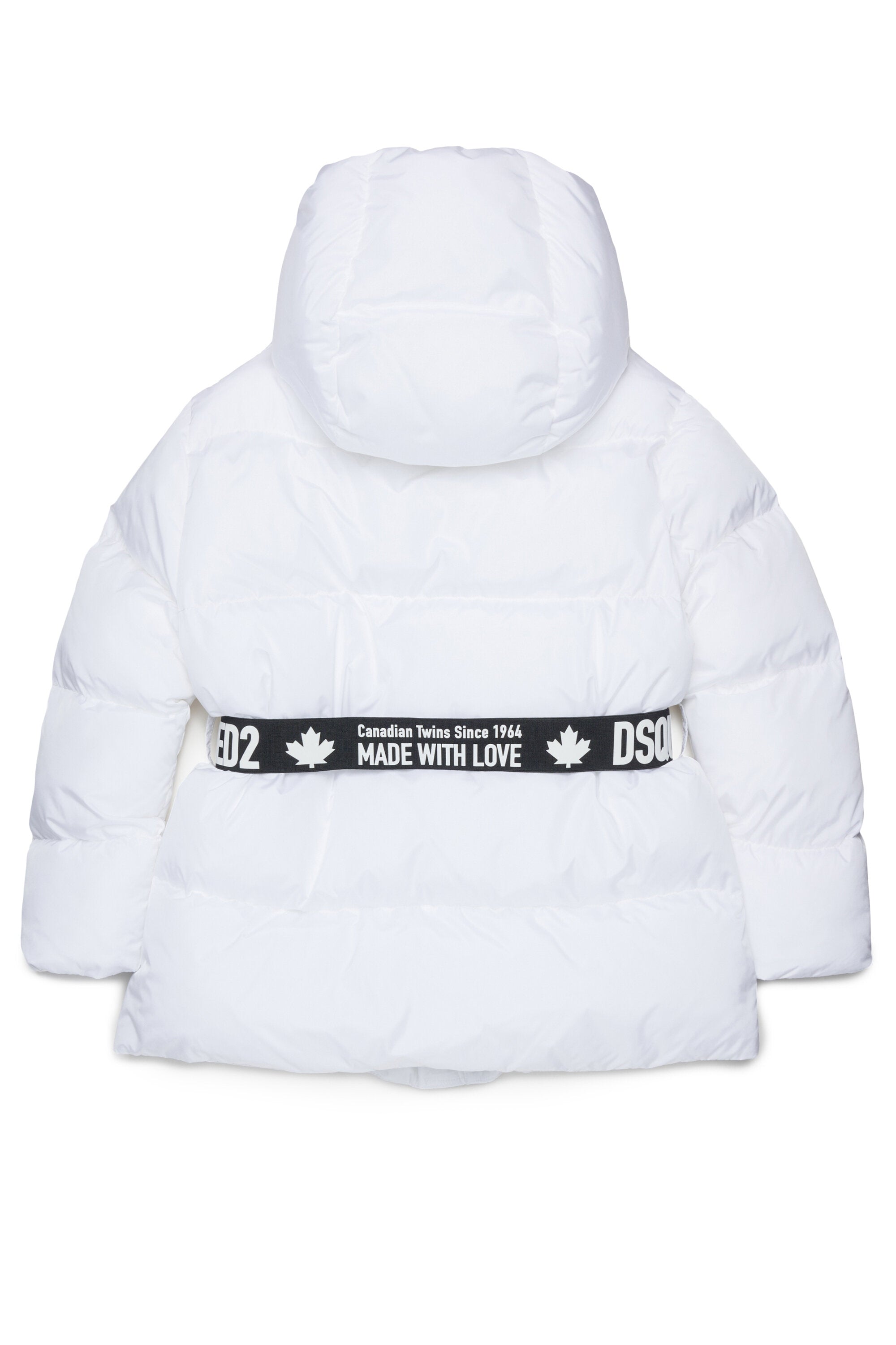 ブランドロゴ入りベルト付きのロングパッド入りジャケット