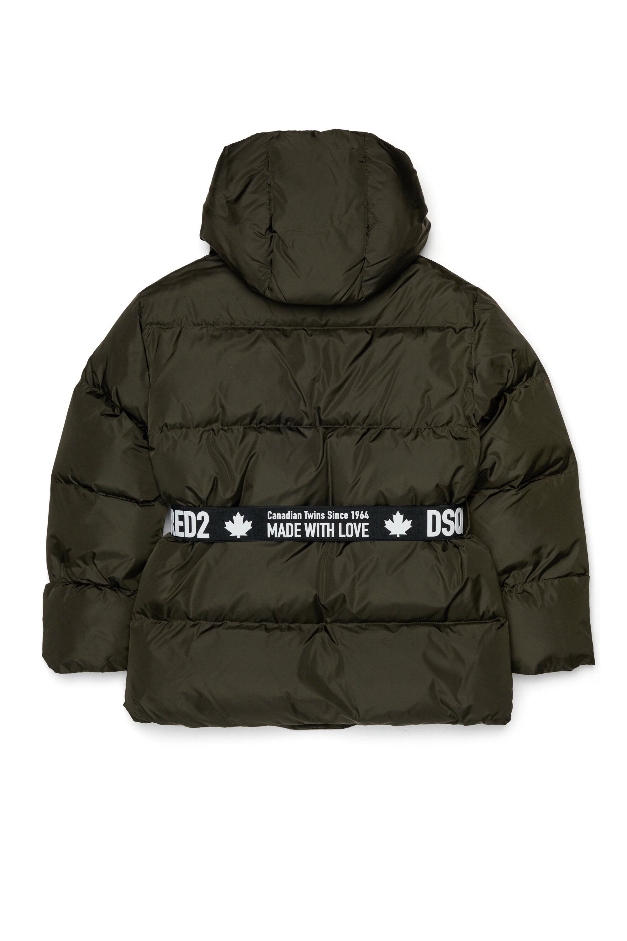 ブランドロゴ入りベルト付きのロングパッド入りジャケット