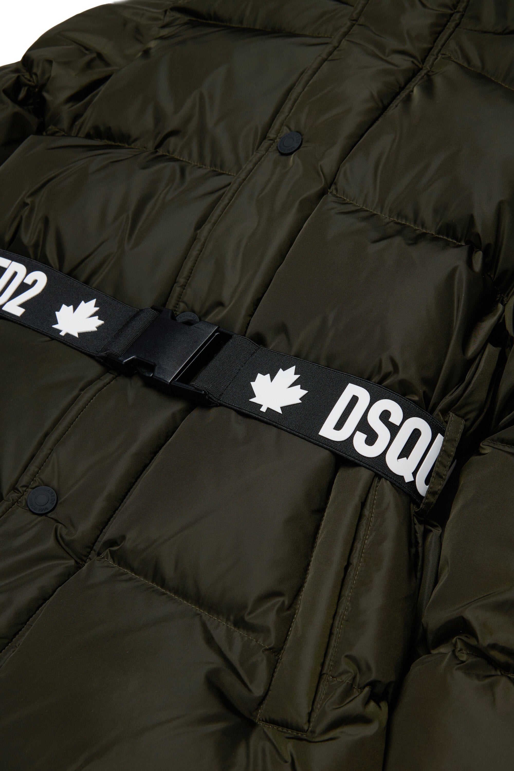 Long padded jacket with branded belt