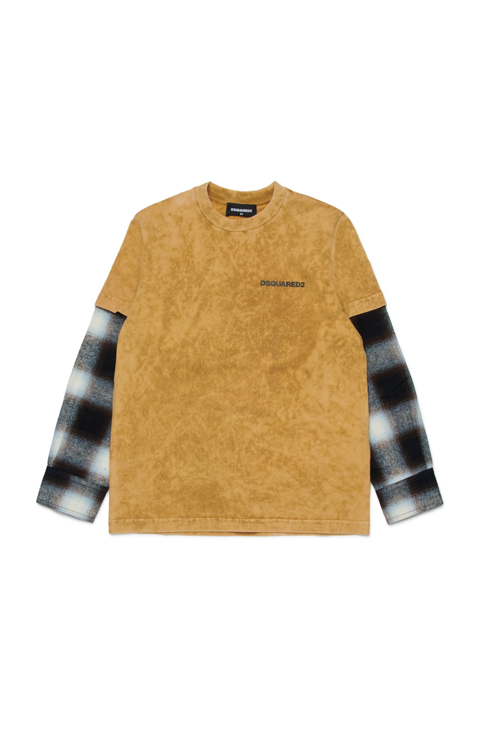 袖に格子柄のジャージーTシャツ