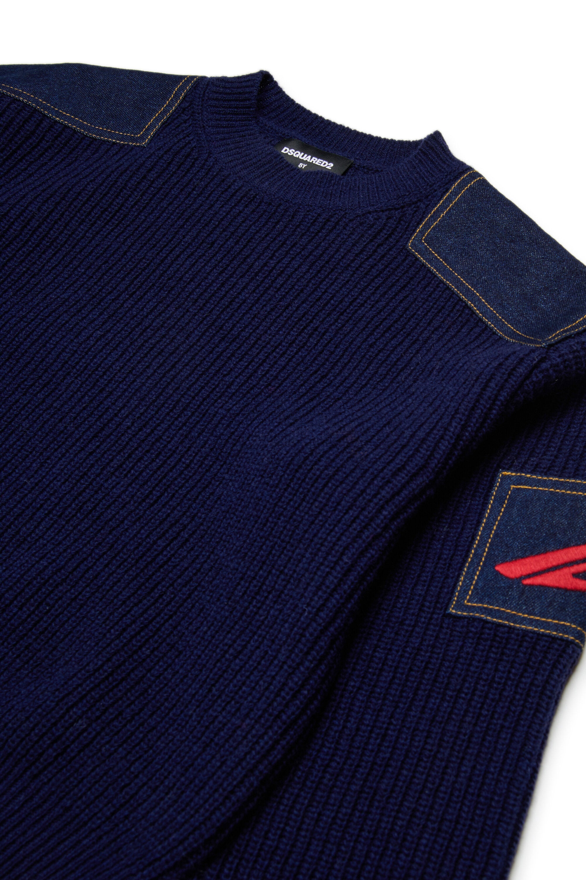 Wool blend pullover with denim inserts