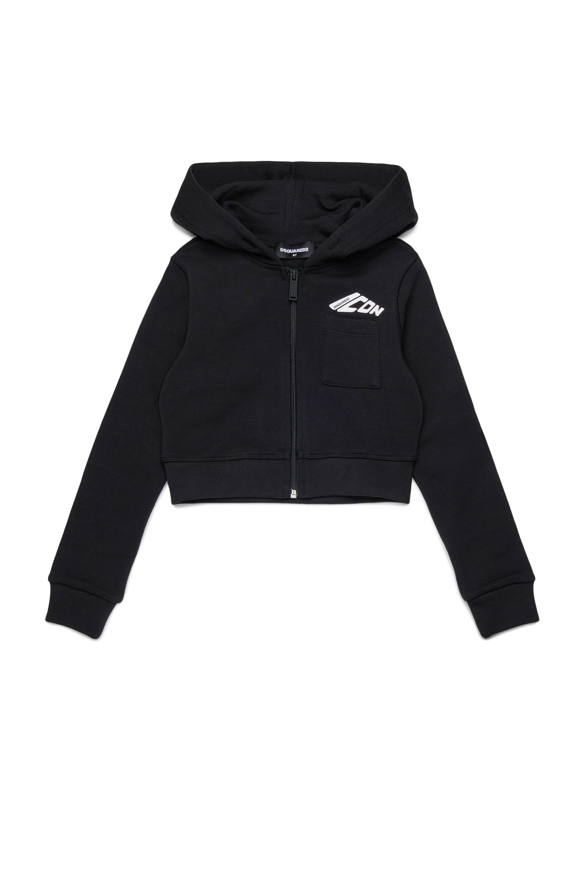 胸ポケット付きクロップド丈フード付きスウェットシャツ