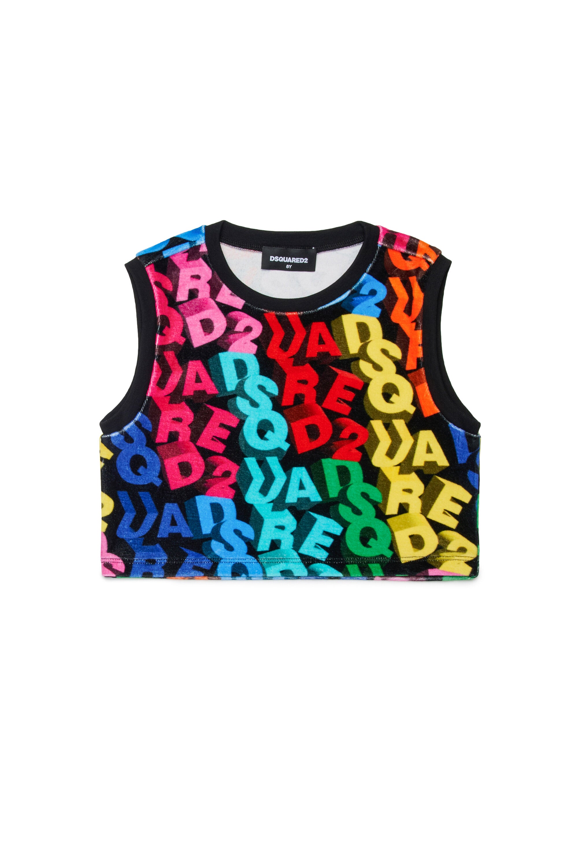 カラフルなロゴが全体にあしらわれたノースリーブTシャツ