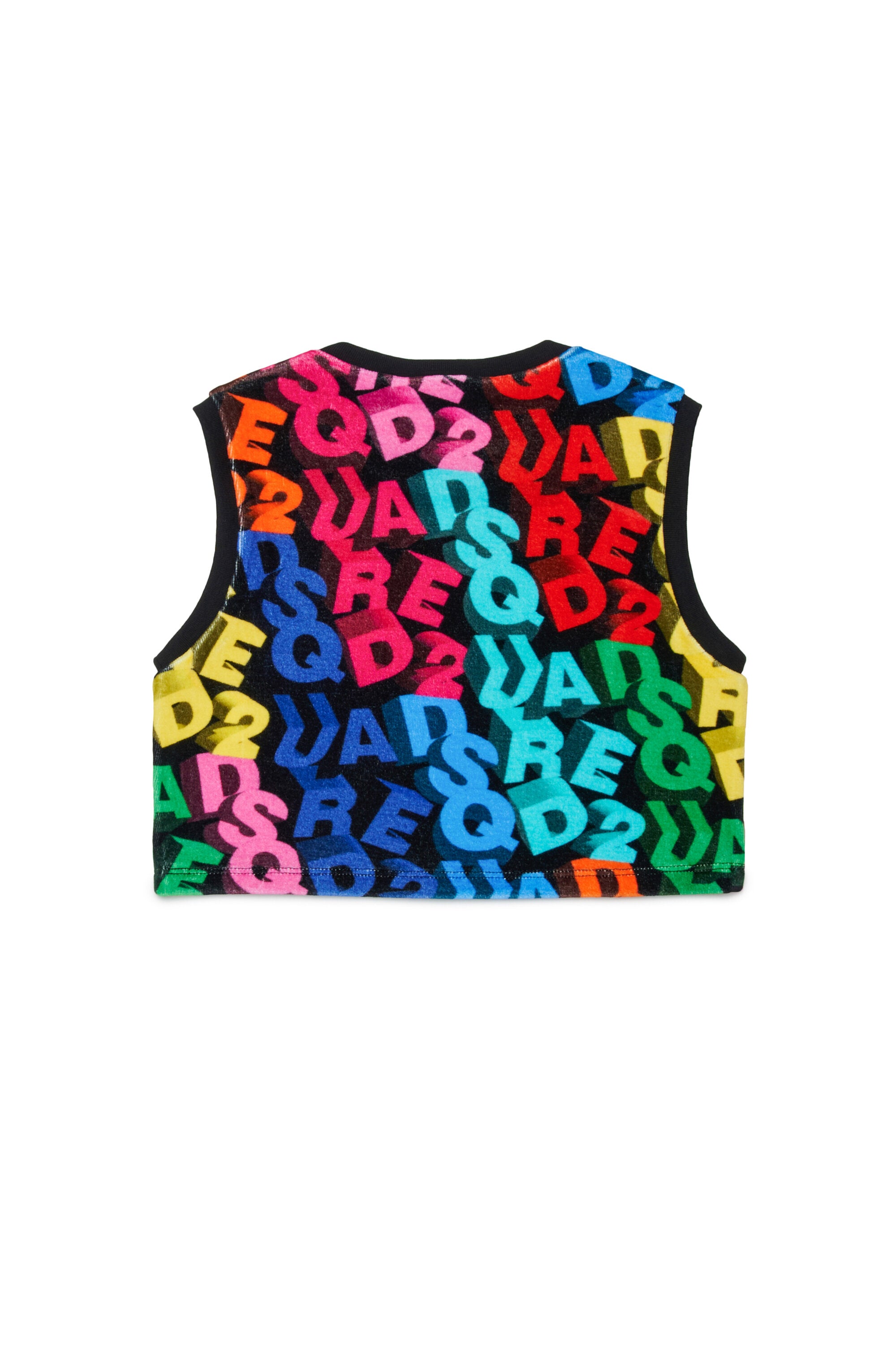 カラフルなロゴが全体にあしらわれたノースリーブTシャツ