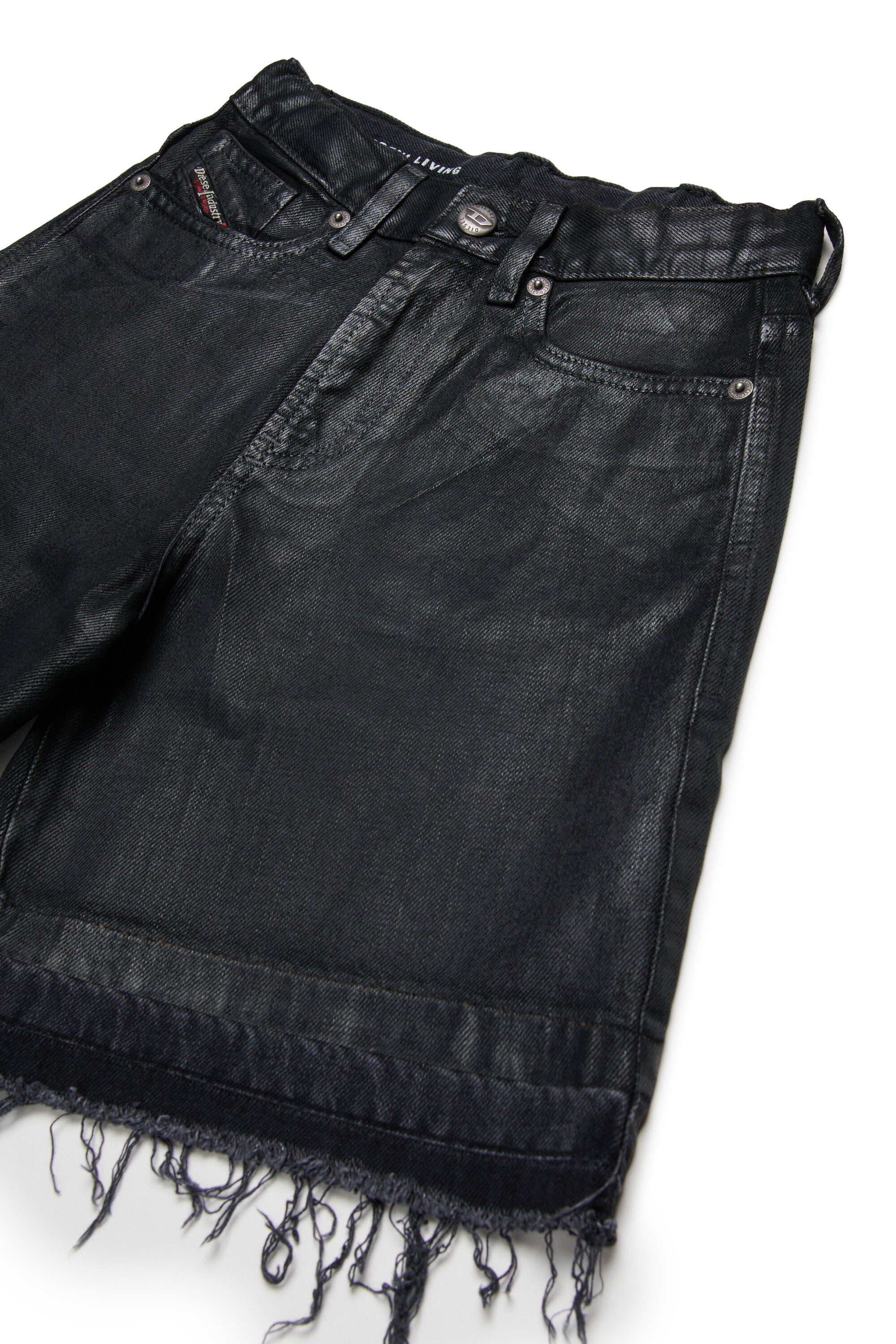 Black denim shorts with raw cut hem