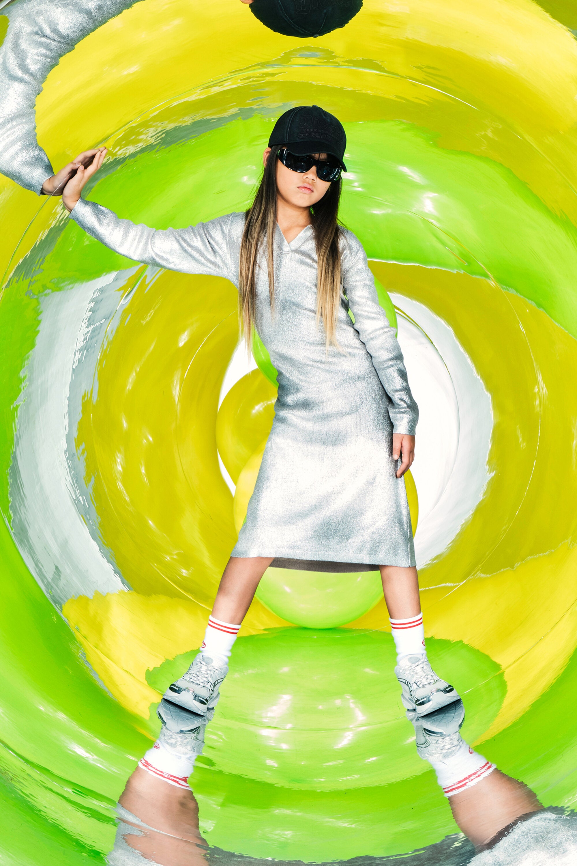 マイラープリントのウール混ロングドレス