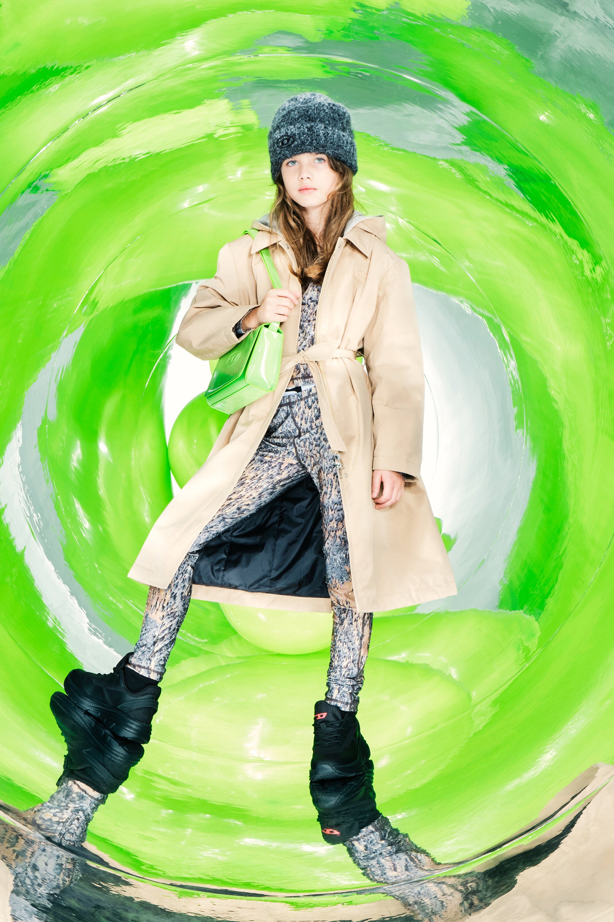 Long trench coat with hooded fleece trim