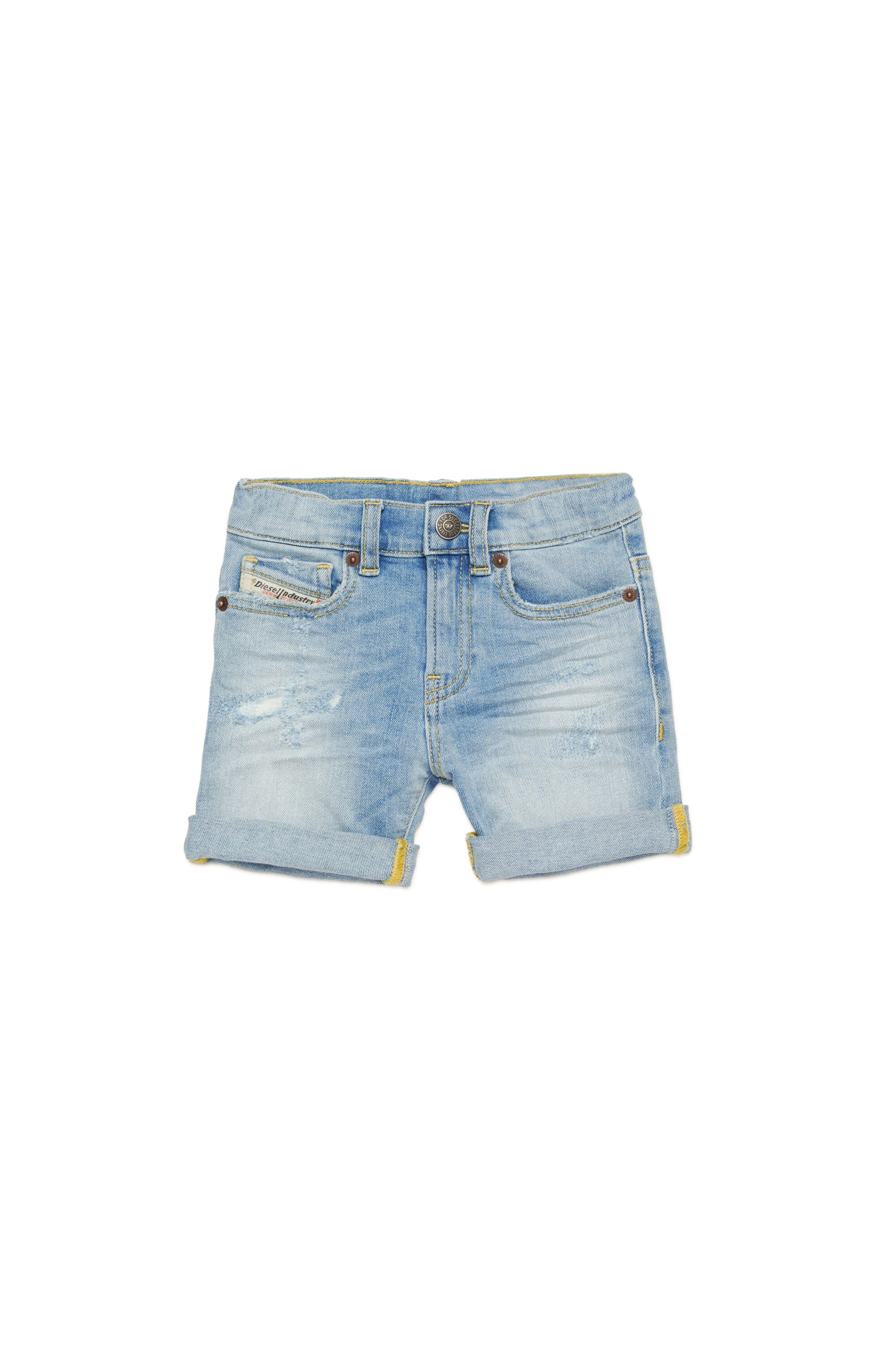 Light-coloured jeans shorts with abrasions