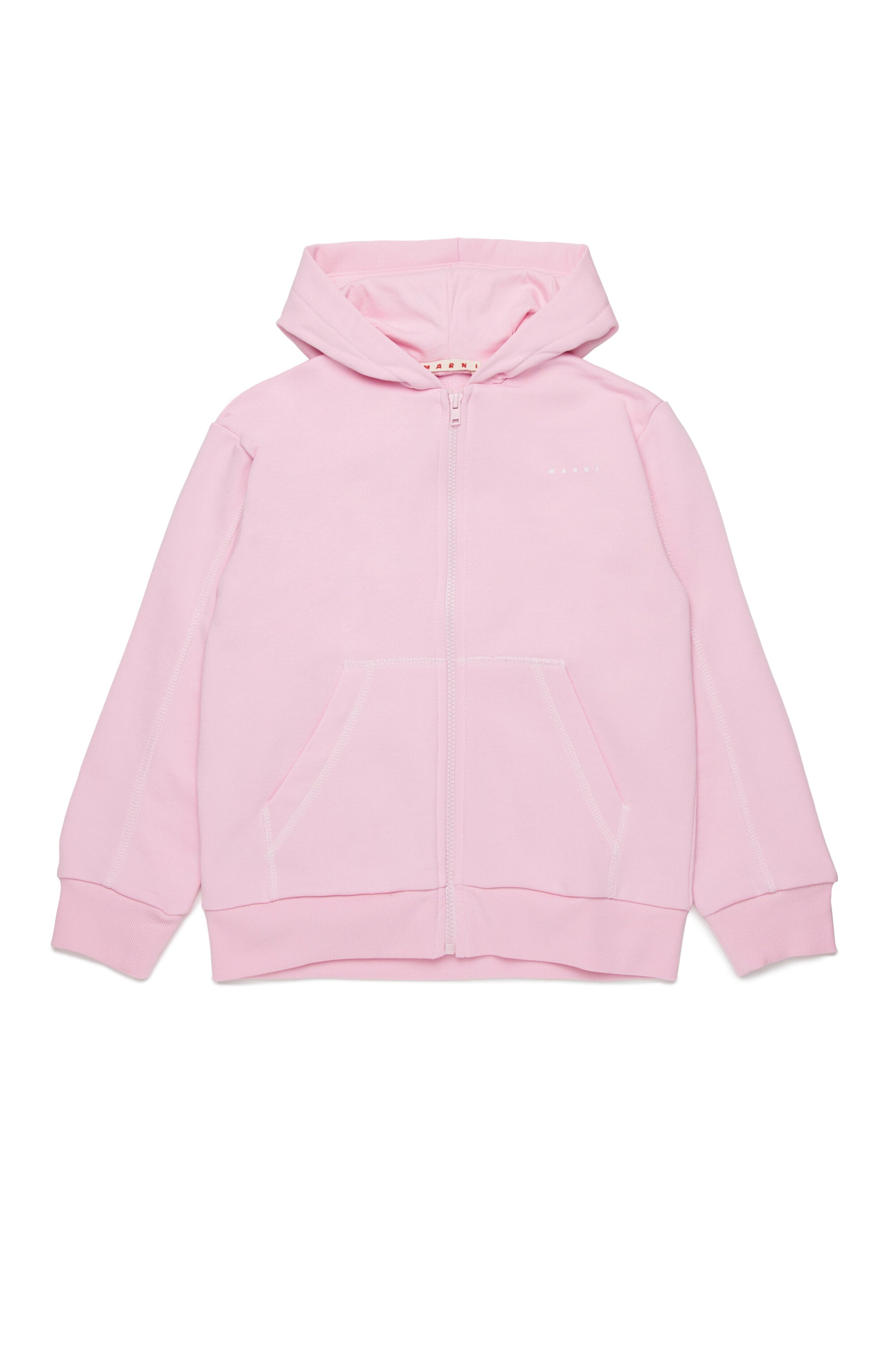 ジッパー付き、コントラストカラーのシームが特徴のスウェットシャツ。