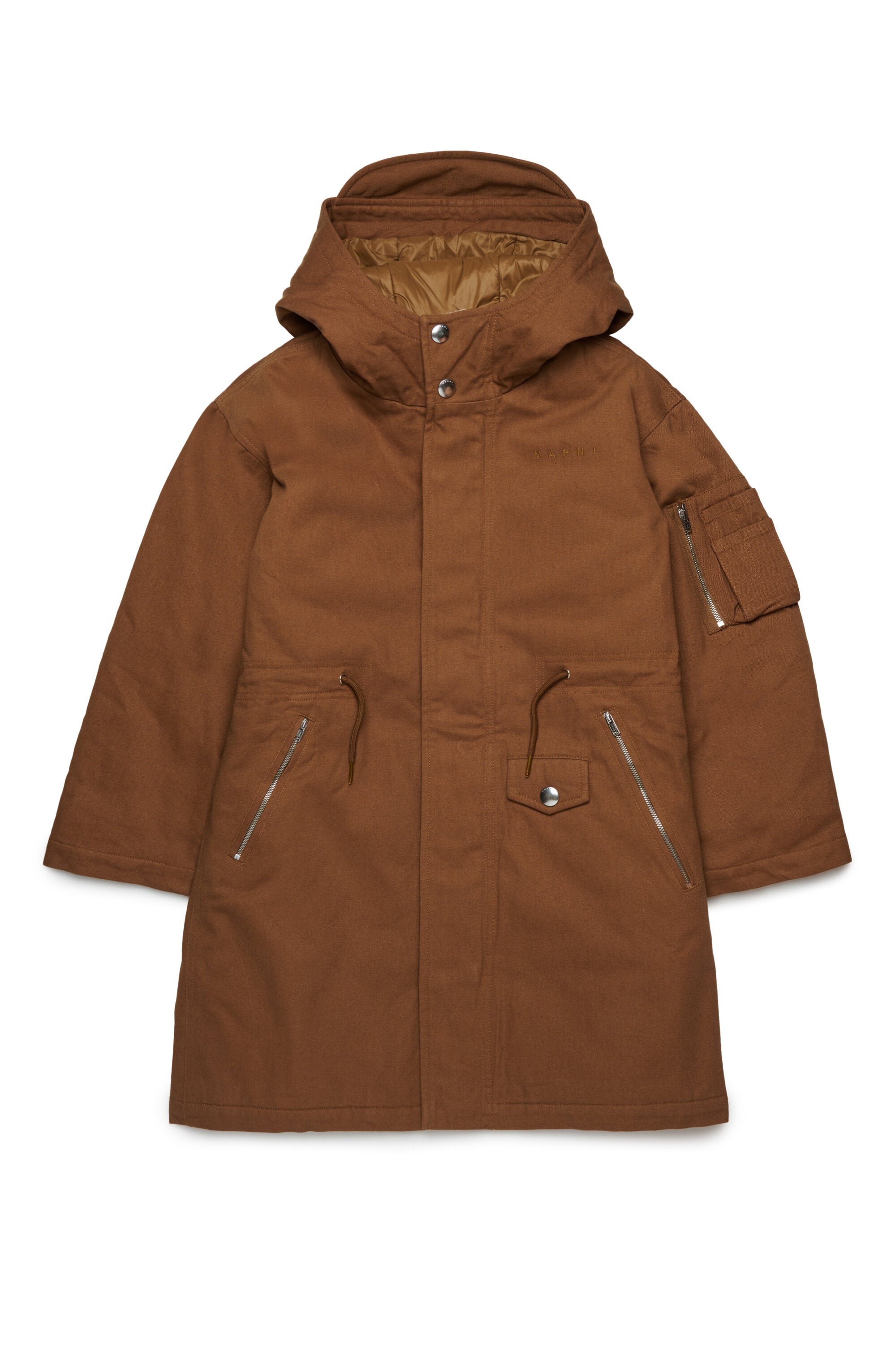 Hooded gabardine parka with drawstrings