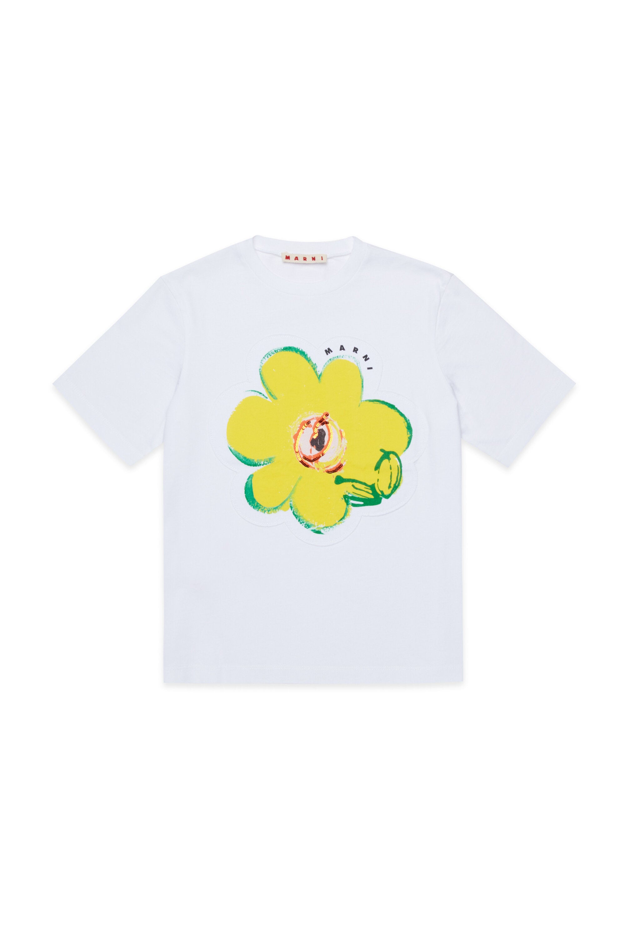 フラワーアップリケ付きロゴTシャツ