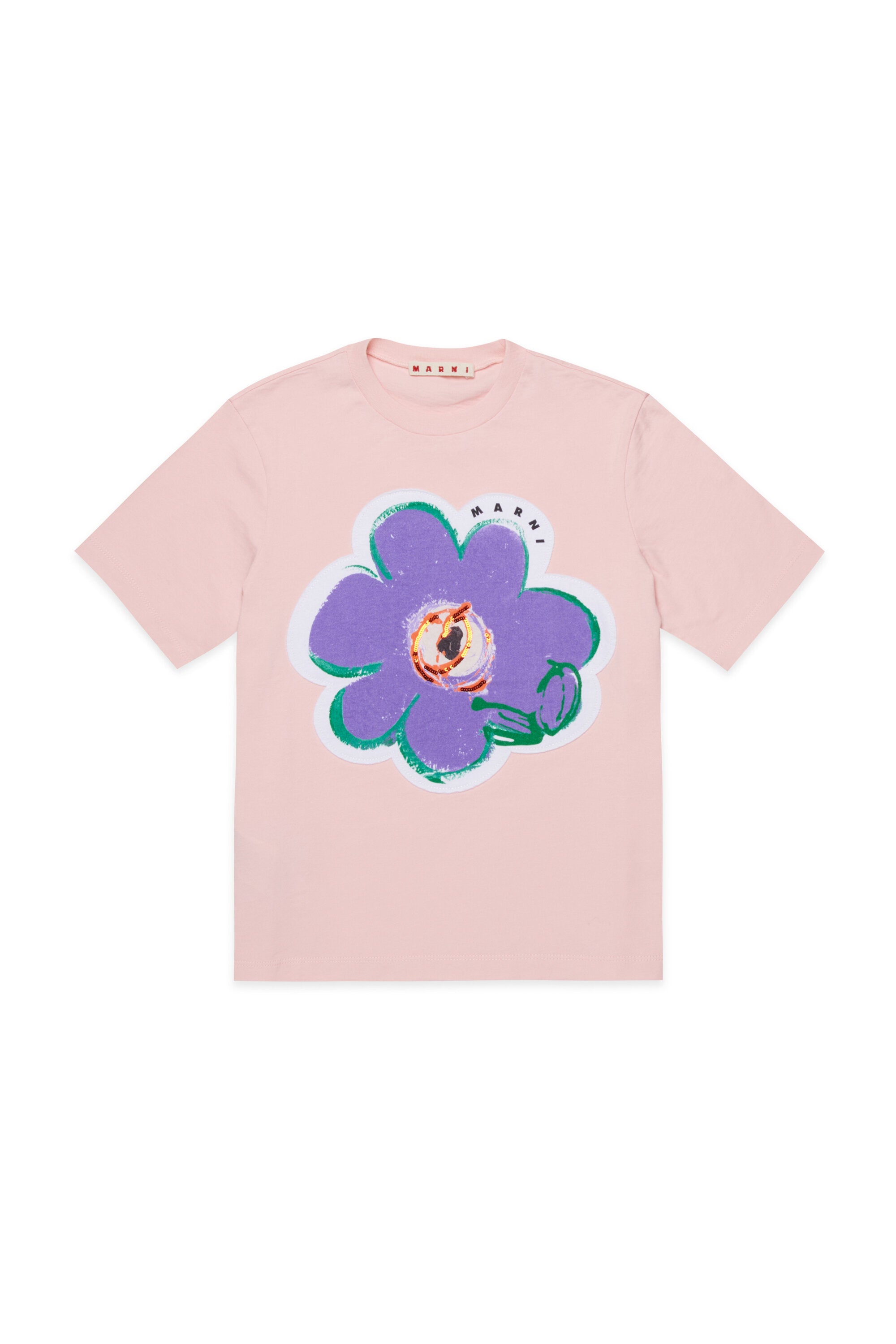 フラワーアップリケ付きロゴTシャツ
