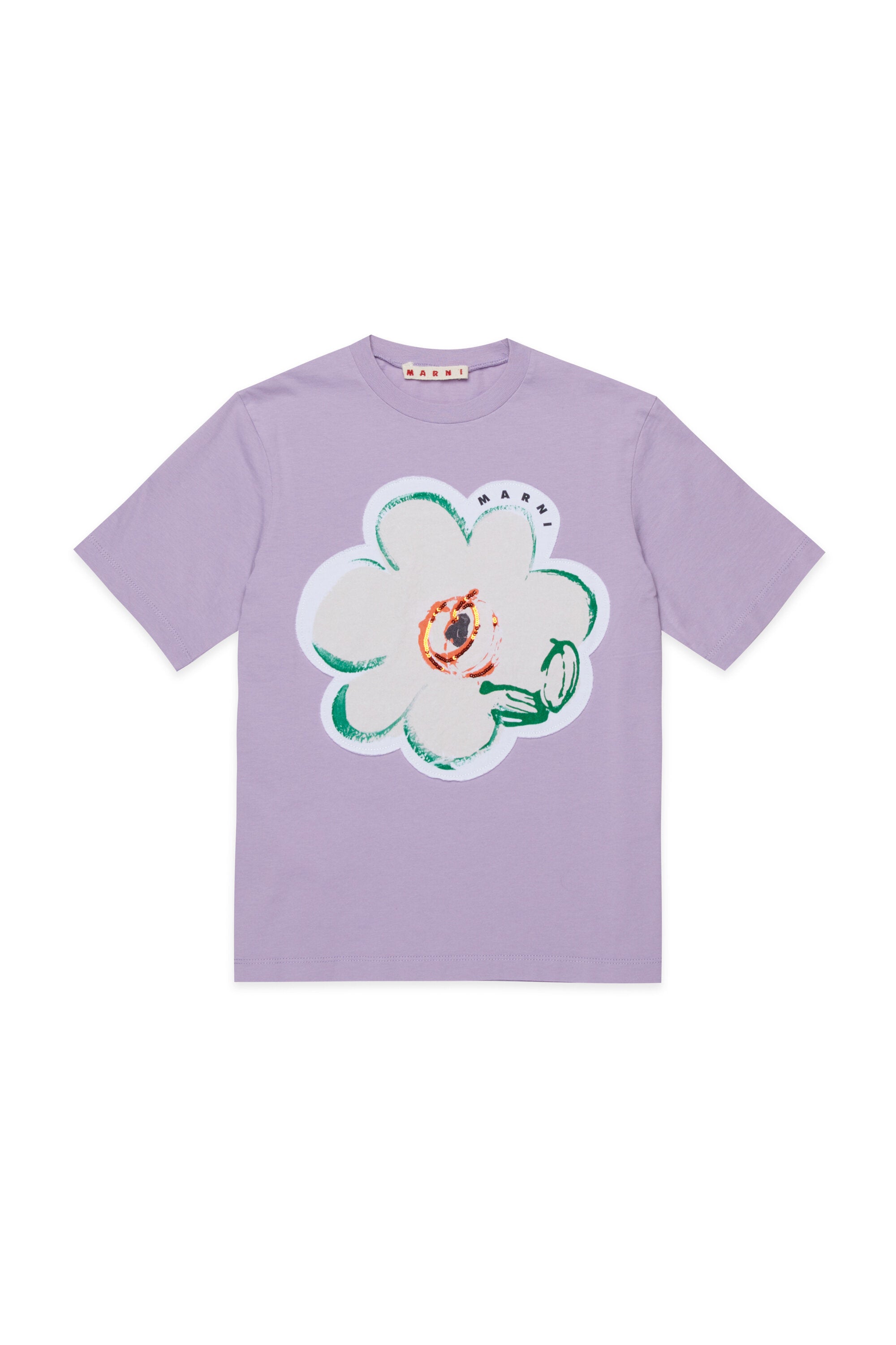 フラワーアップリケ付きロゴTシャツ