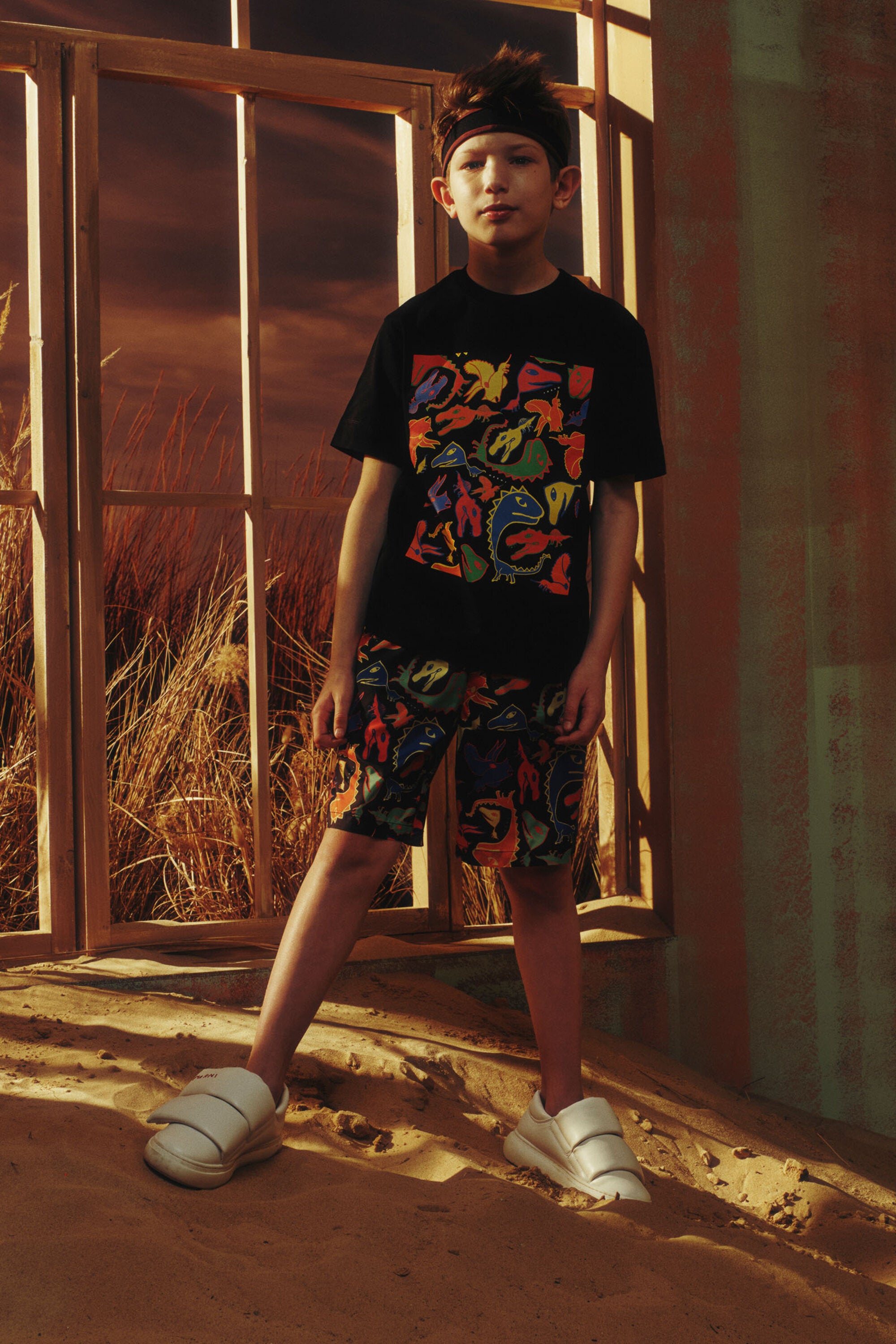 マルチカラーの恐竜プリントTシャツ