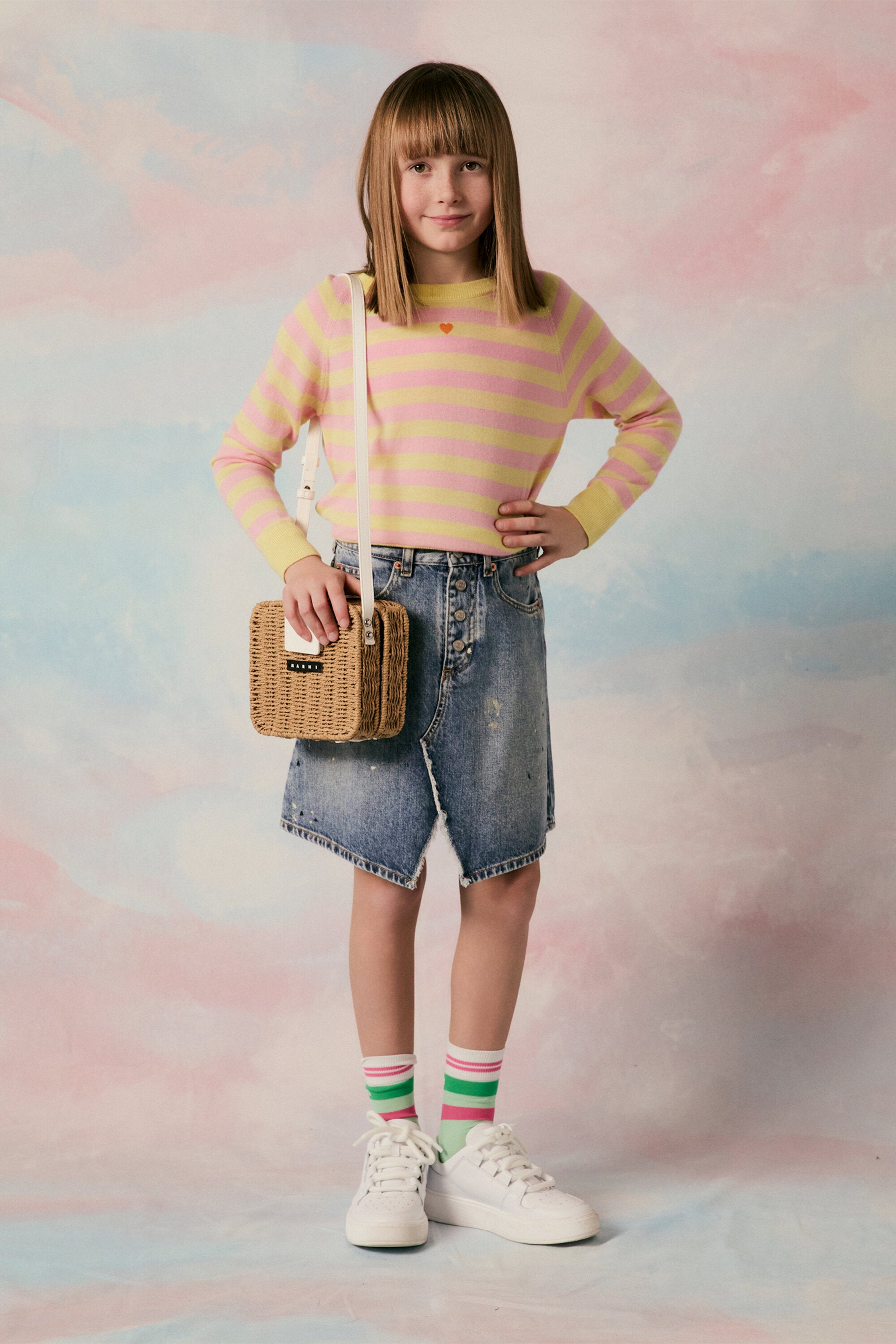 Blue shaded denim skirt with color spots