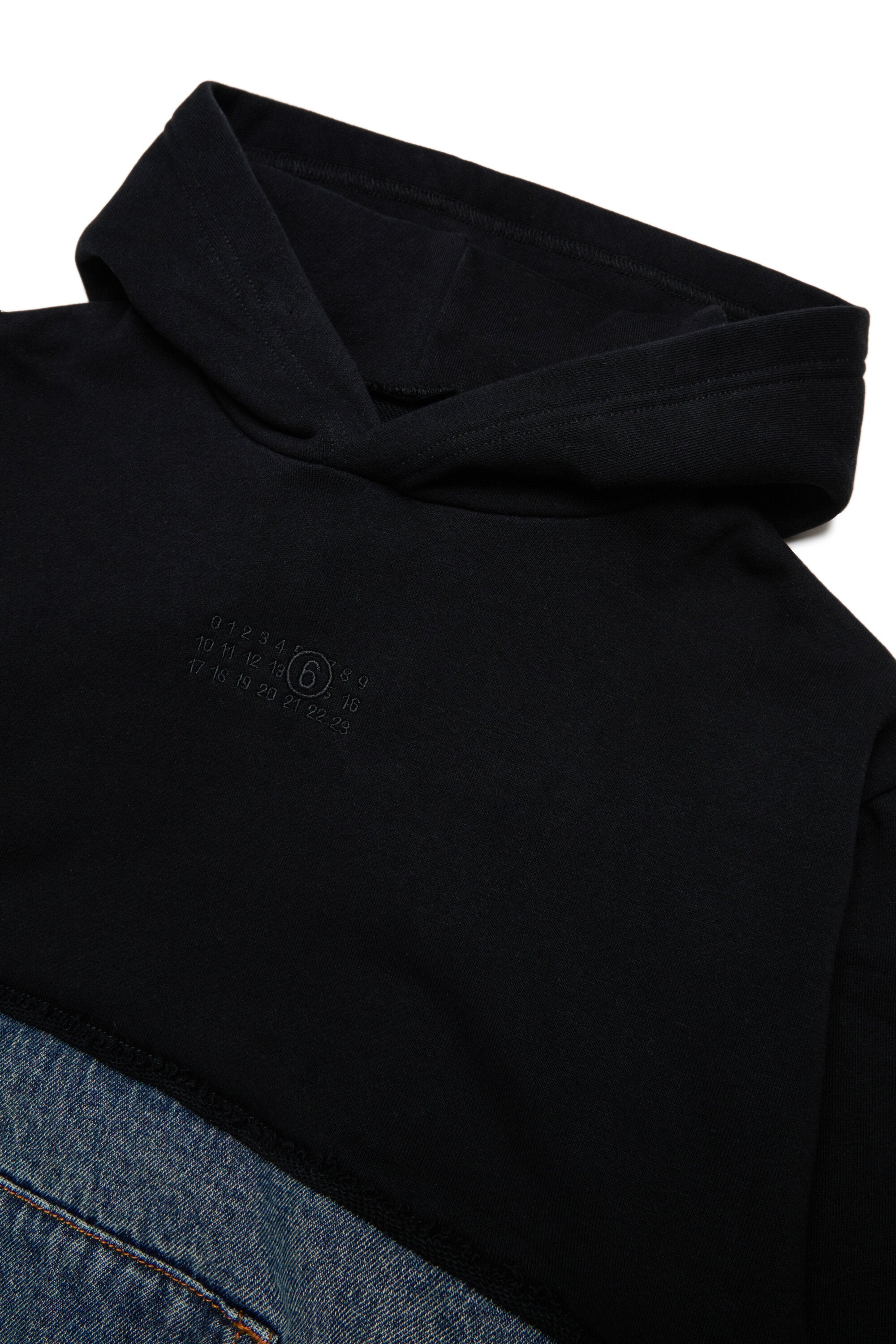 Hooded sweatshirt in fleece and denim