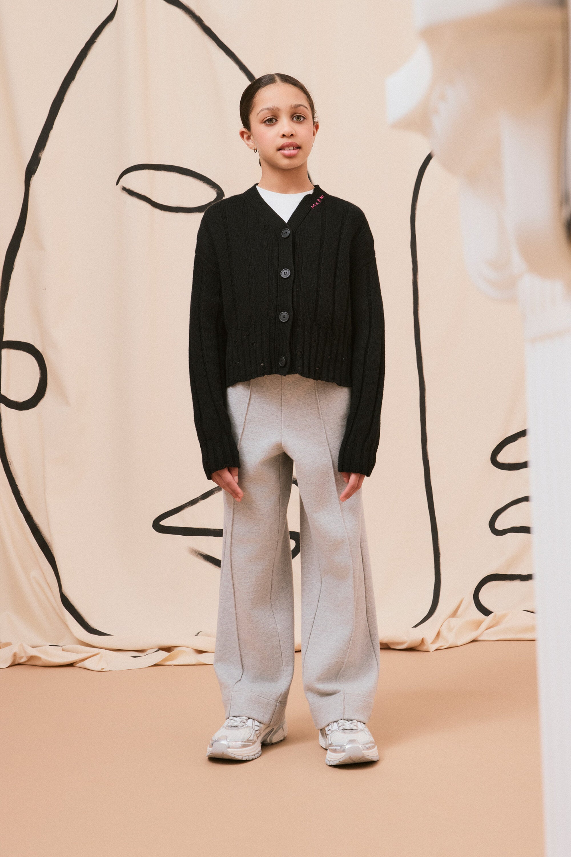 リブ入りフリースストレートパンツ