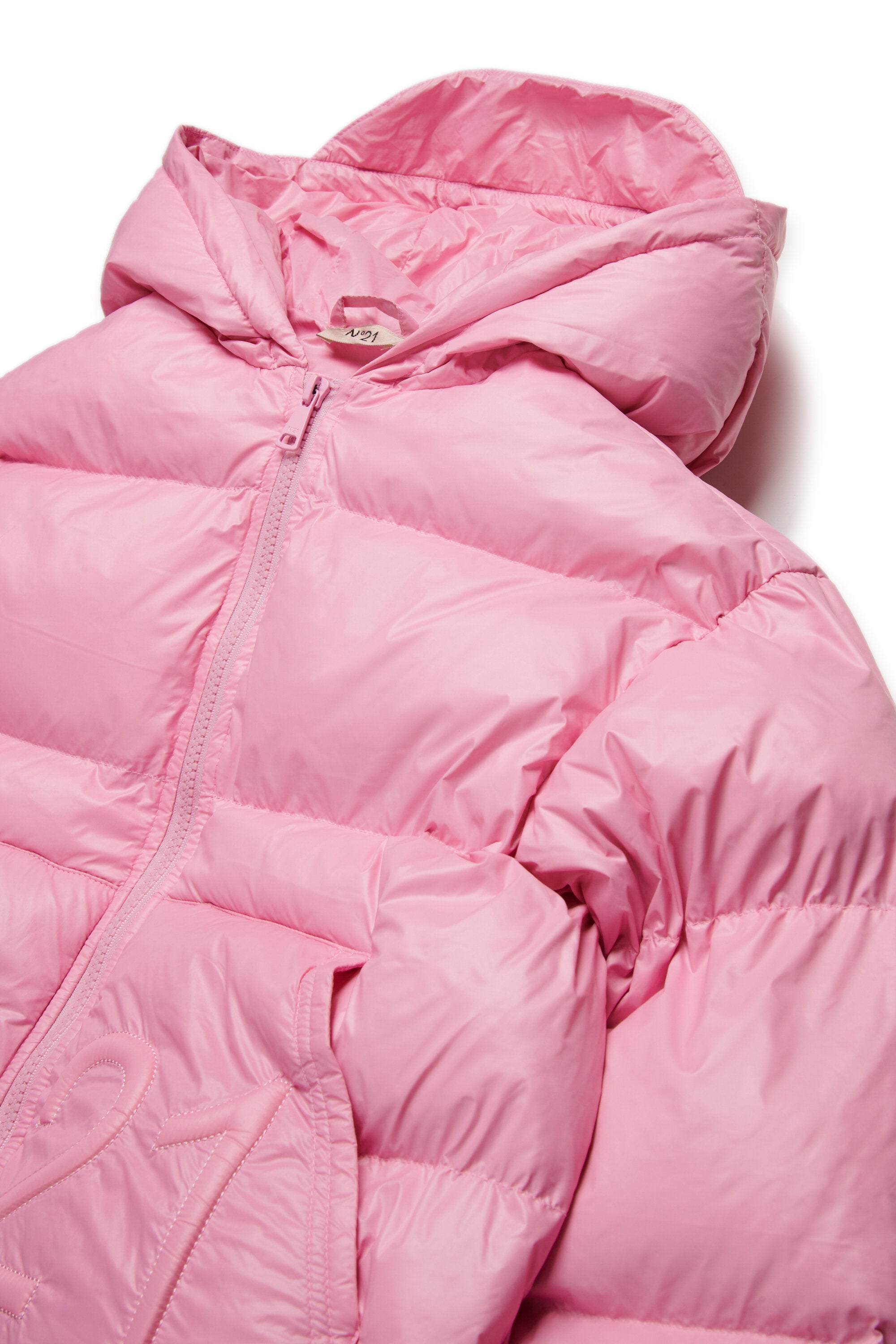 Long padded jacket with asymmetrical bottom