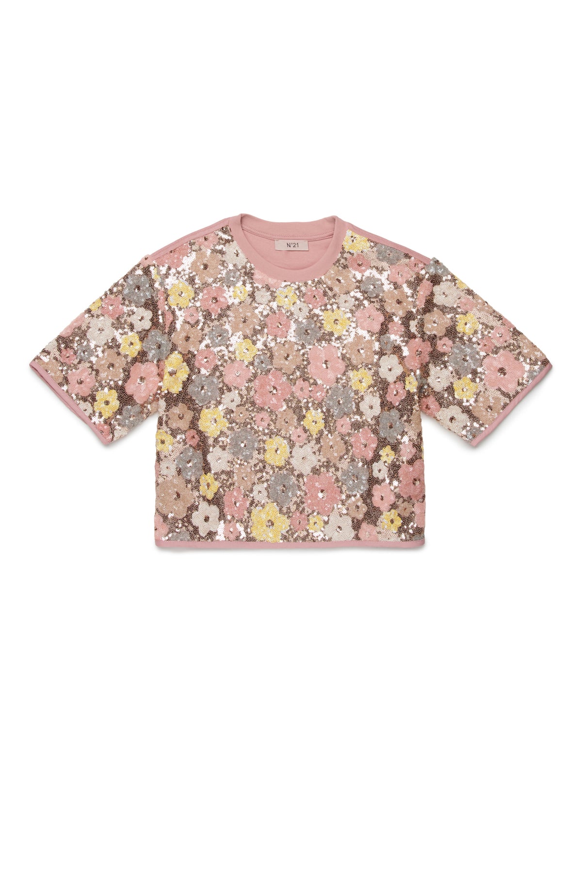 フローラルスパンコール付きクルーネックTシャツ