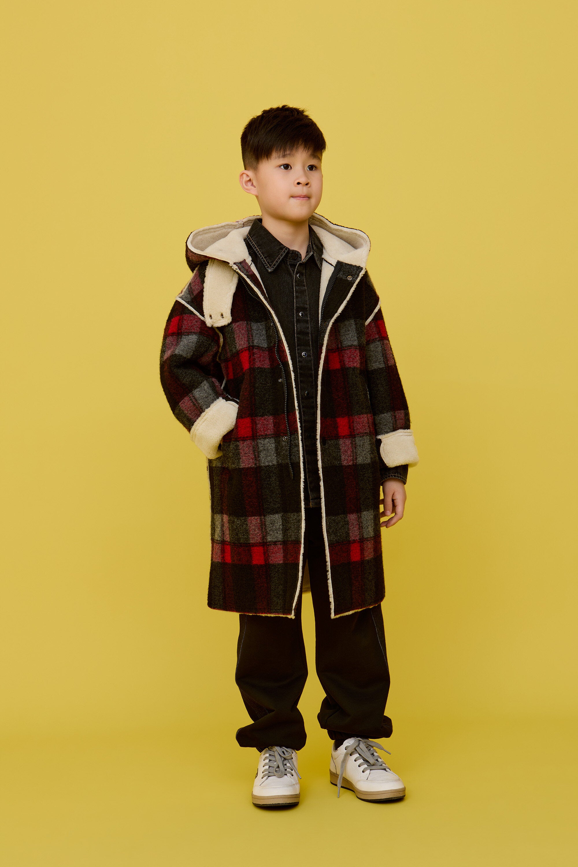 Checked coat with printed logo