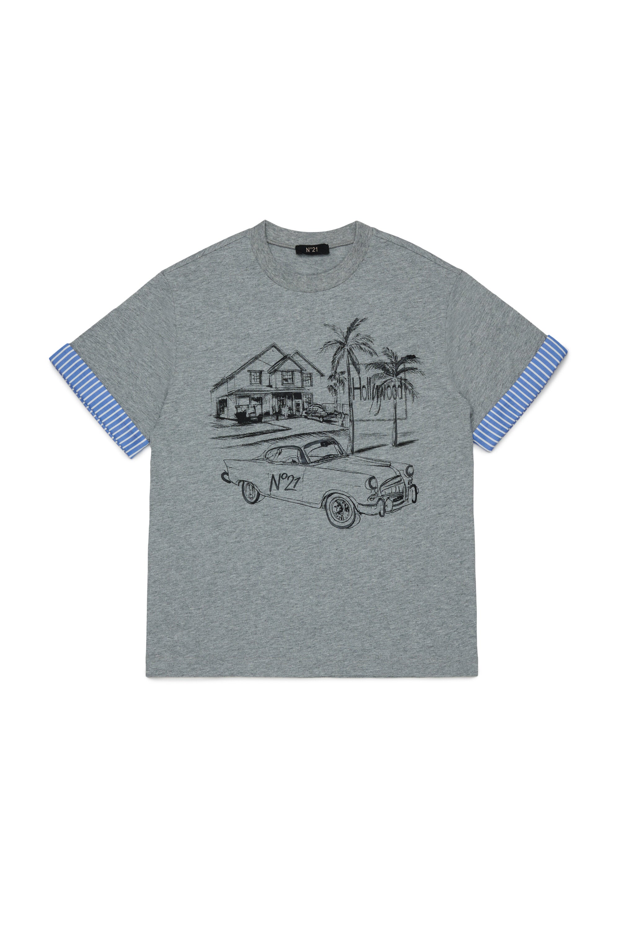 プリント入りTシャツ、ストライプ柄の袖