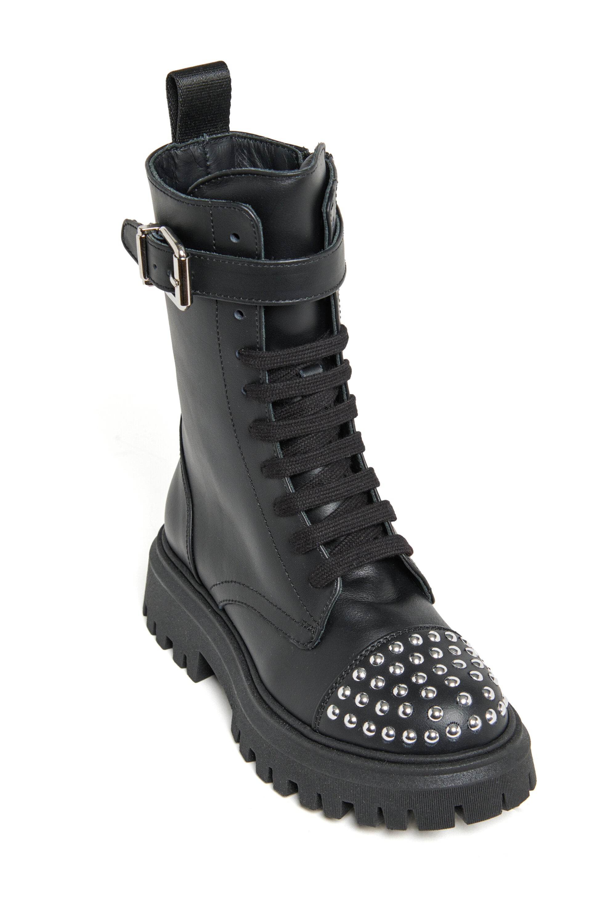 Combat boots with studs on the toe