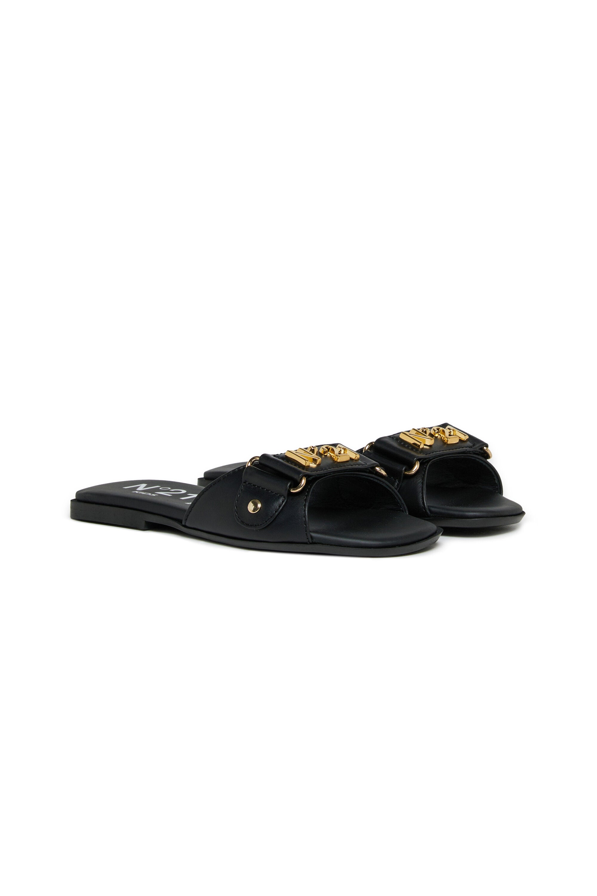 Leather slides with metal logo