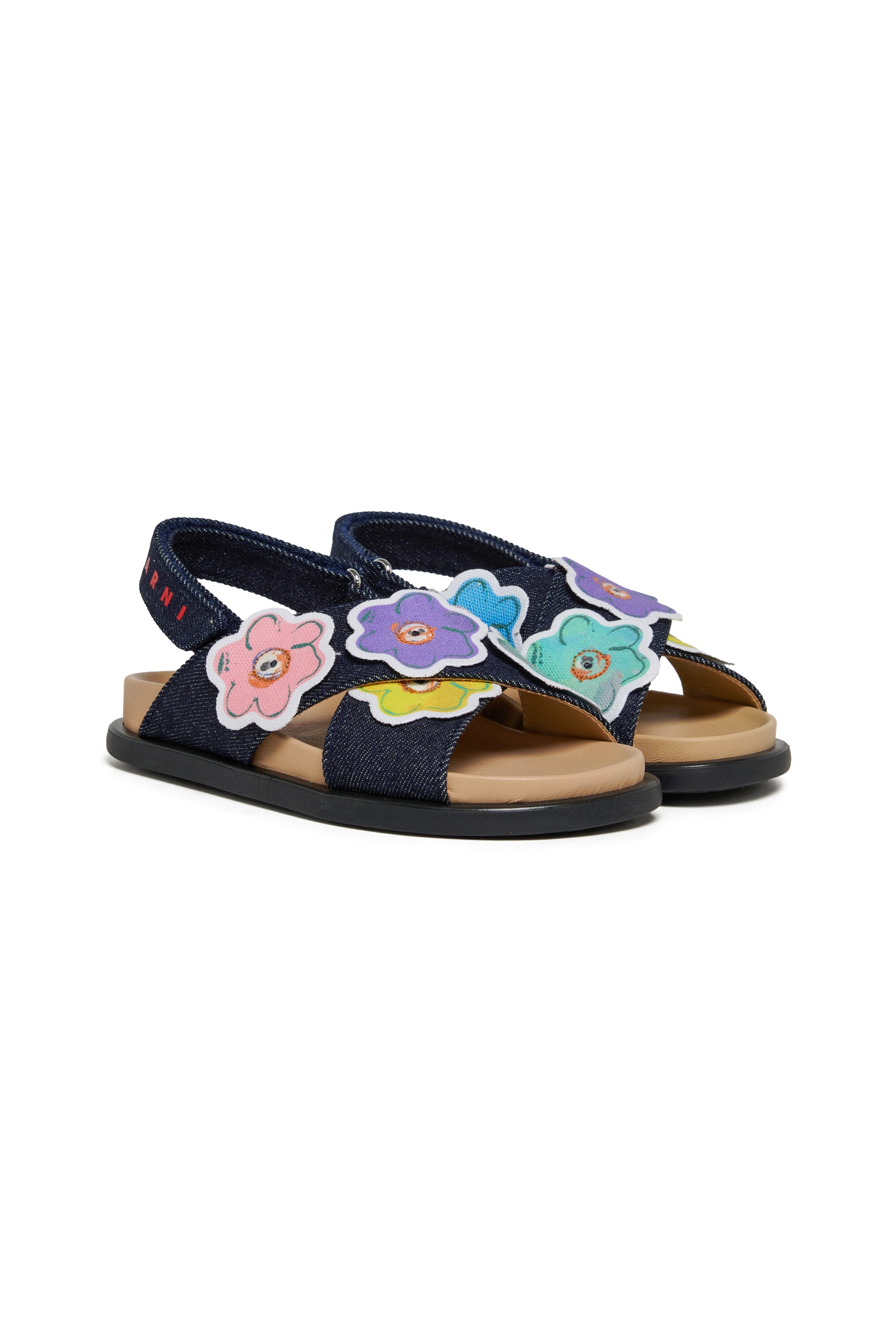 Sandals with floral appliqués and logo