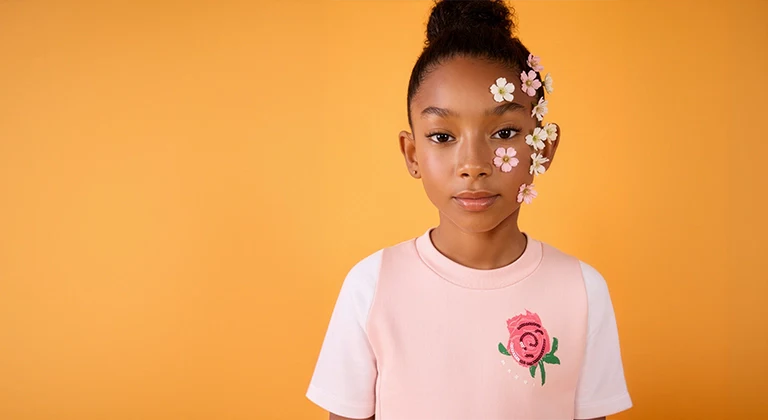 A girl wearing a stylish T-shirt with flowers on his face and a yellow background