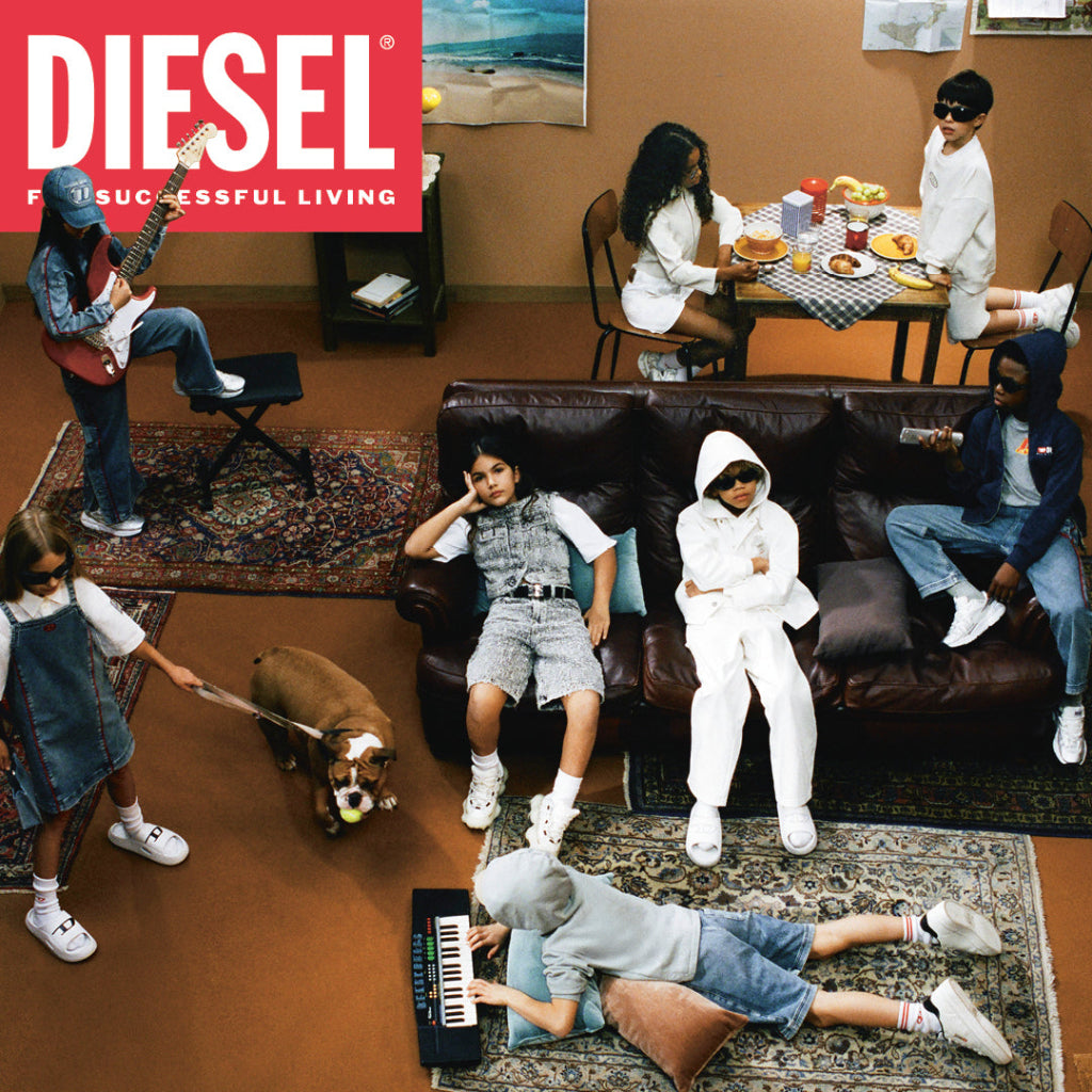Children playing in a living room with a 'DIESEL' advertisement in the corner.