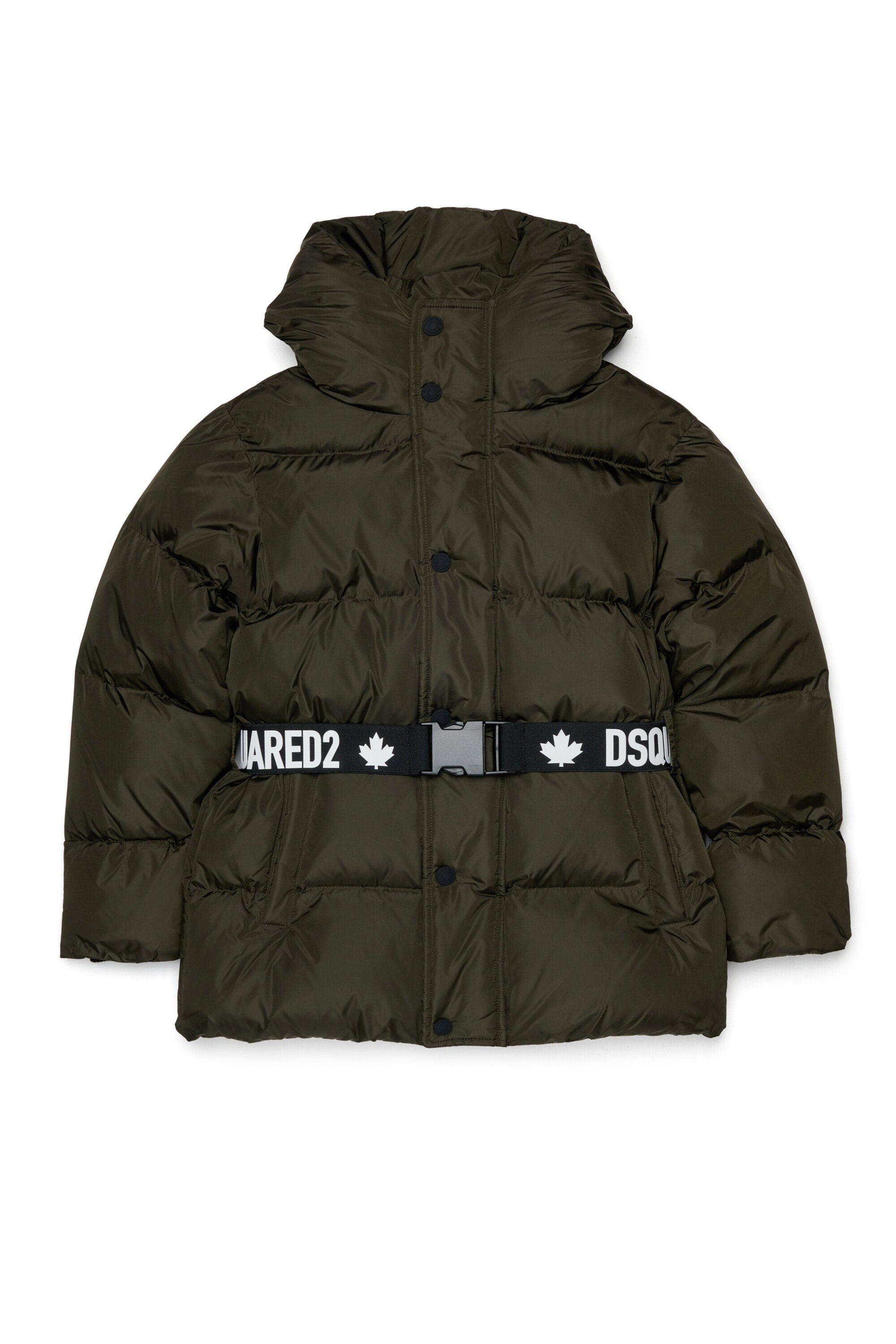 ブランドロゴ入りベルト付きのロングパッド入りジャケット