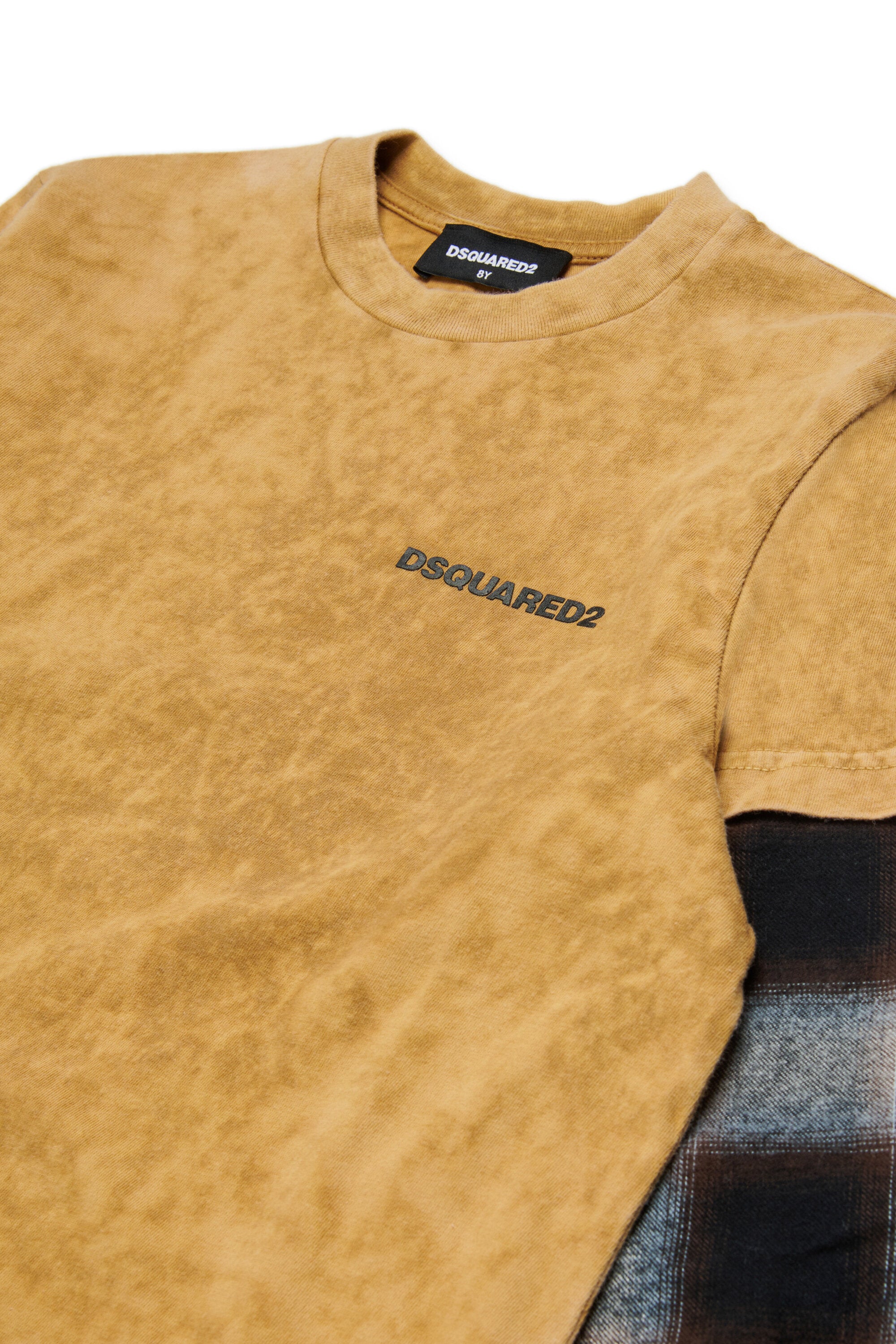 袖に格子柄のジャージーTシャツ