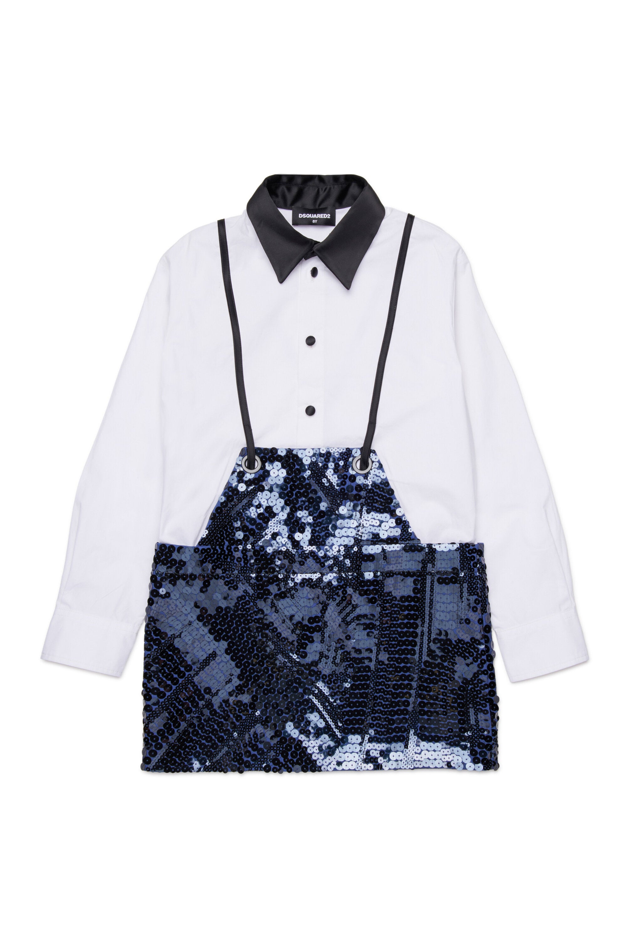 サスペンダーとスパンコールのシャツドレス