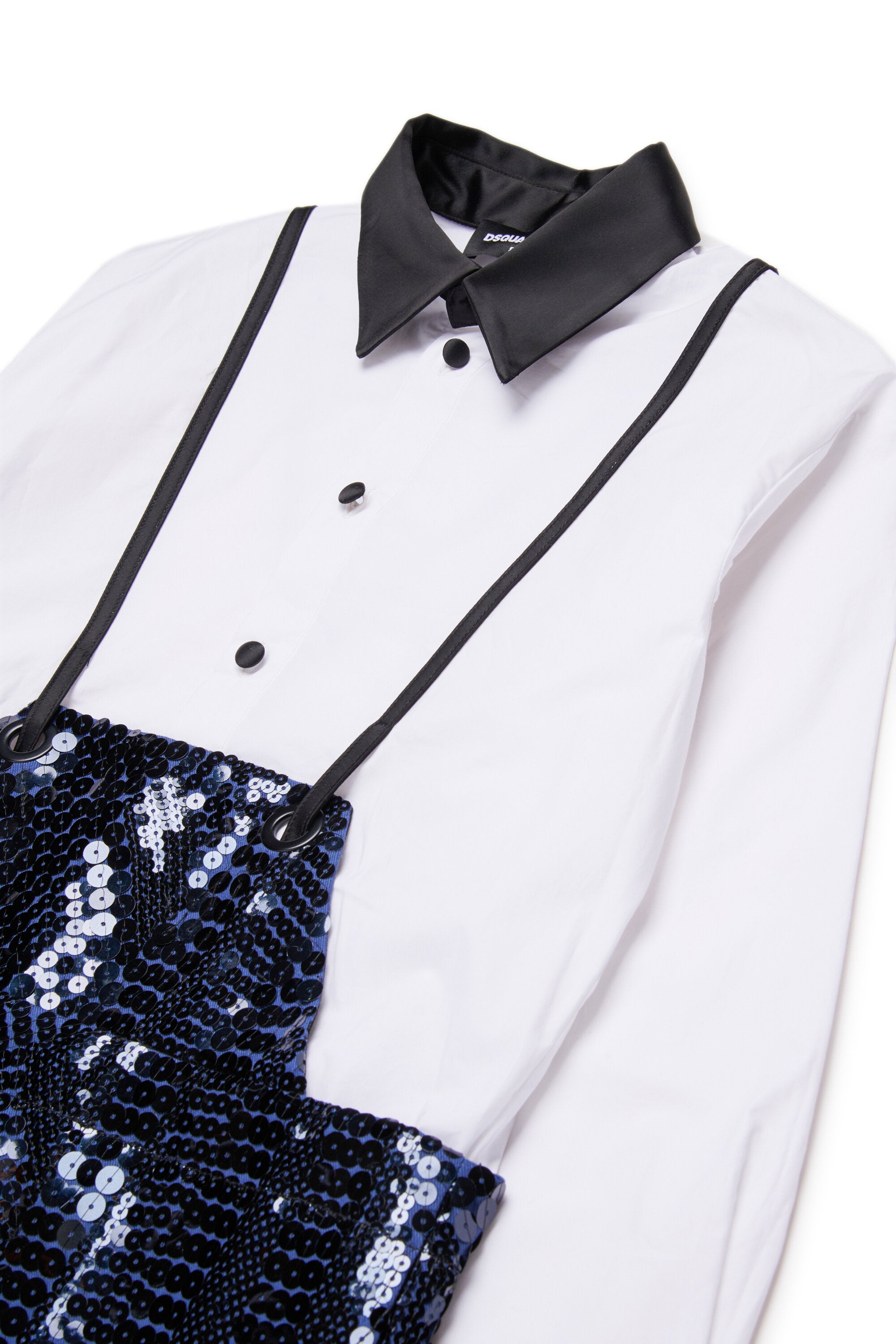 サスペンダーとスパンコールのシャツドレス