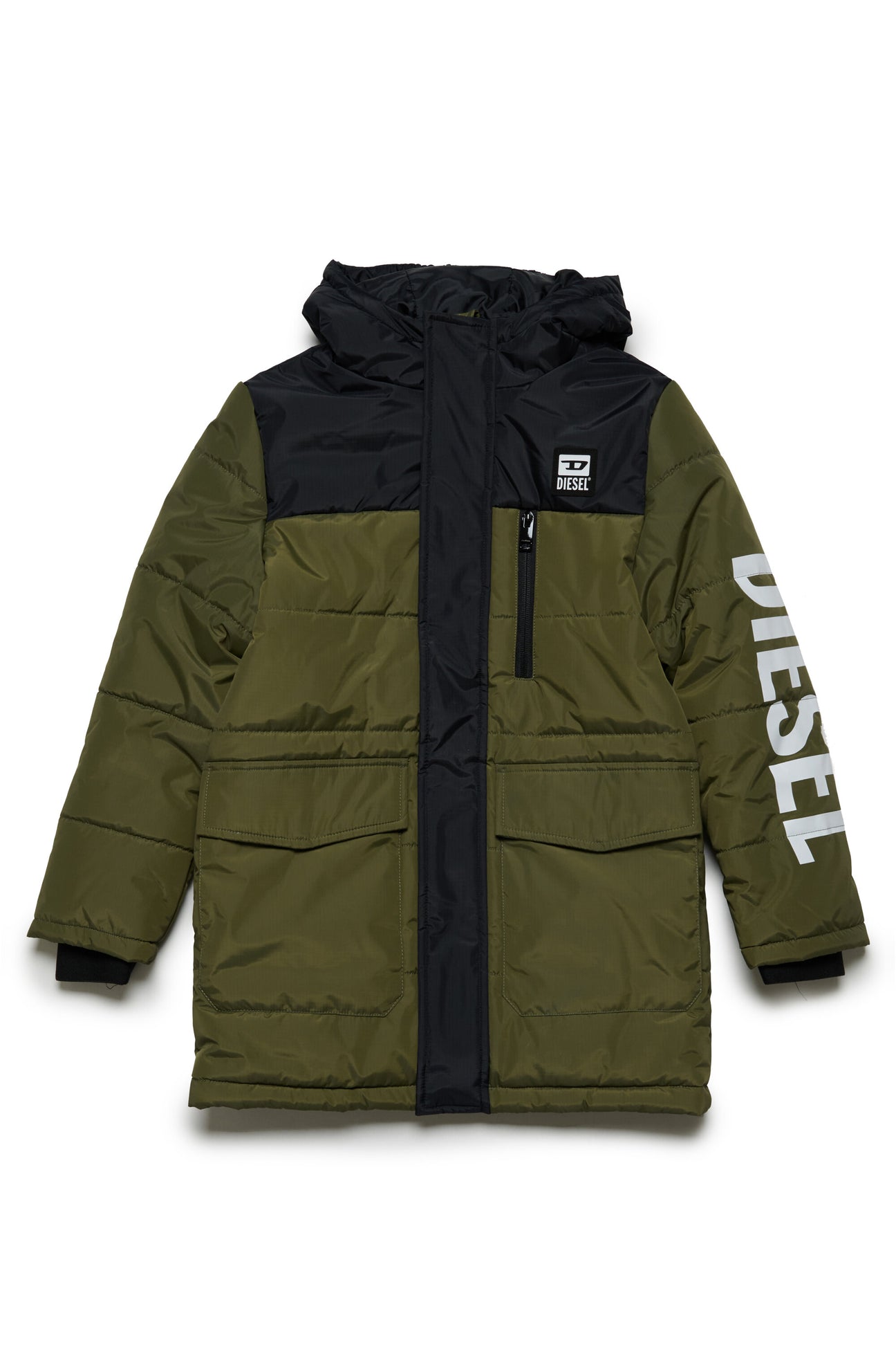Two-tone padded jacket with hood and Diesel logo 