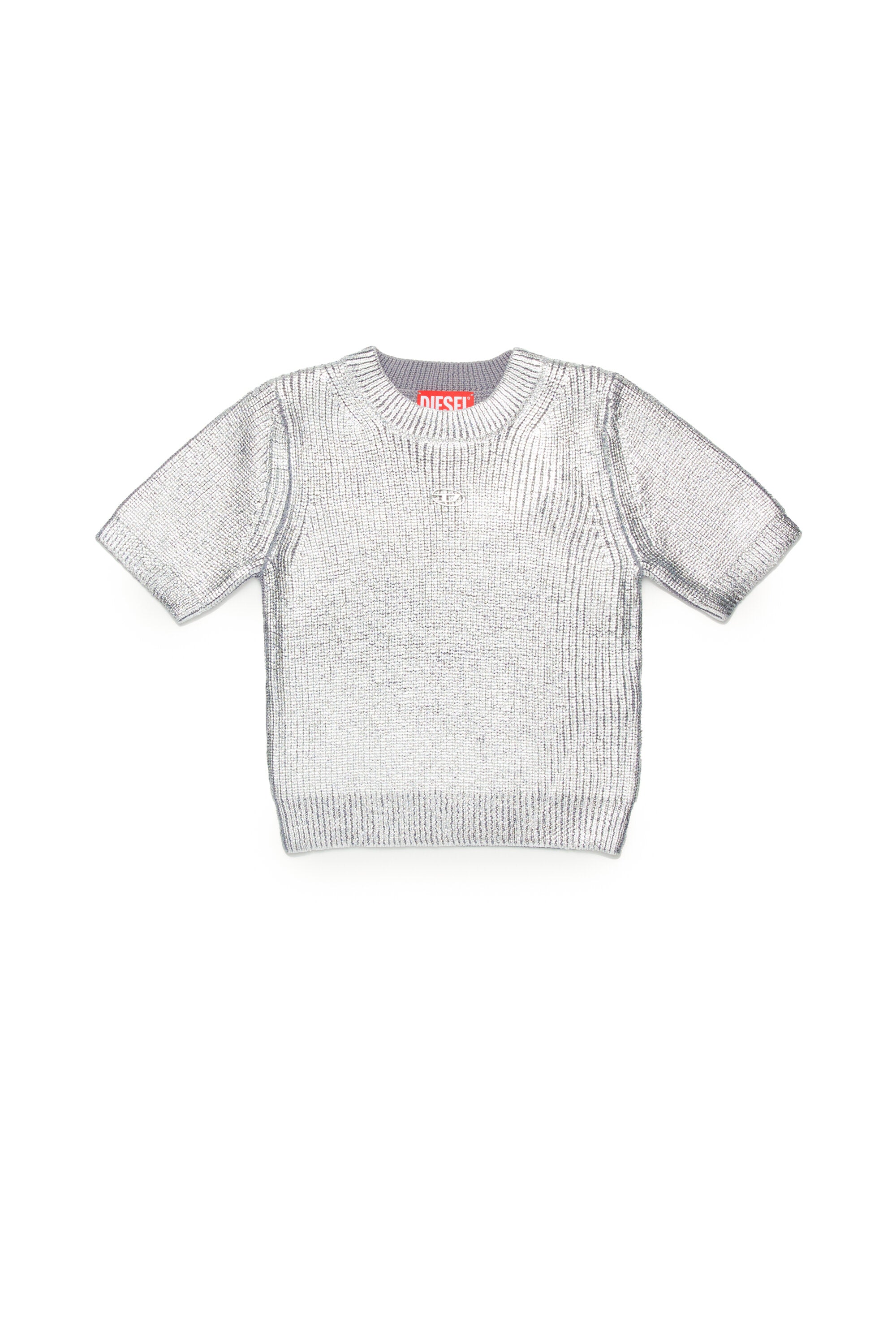 All-over silver mylar ribbed knitted top