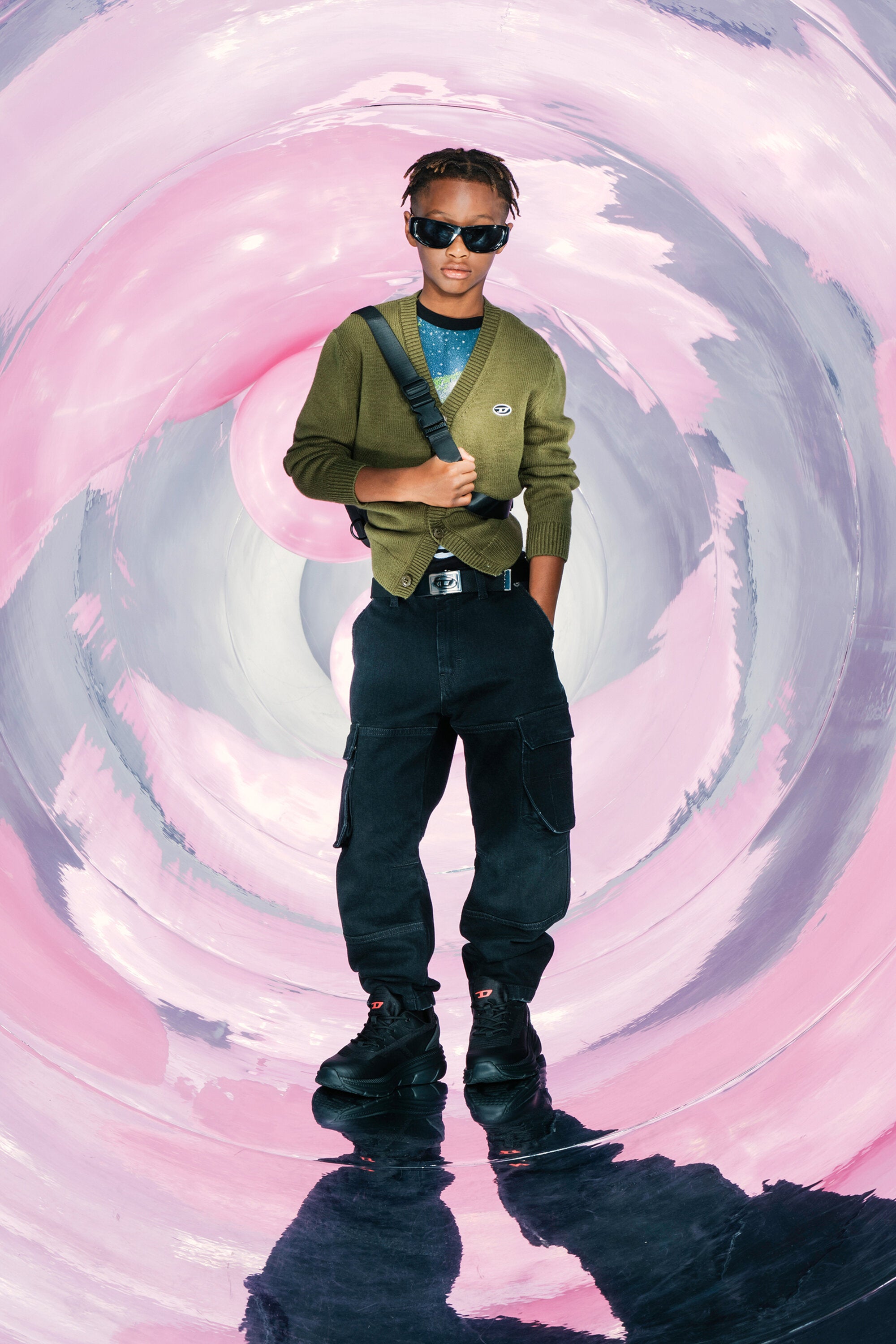 パッチ付きウール＆カシミア混紡カーディガン