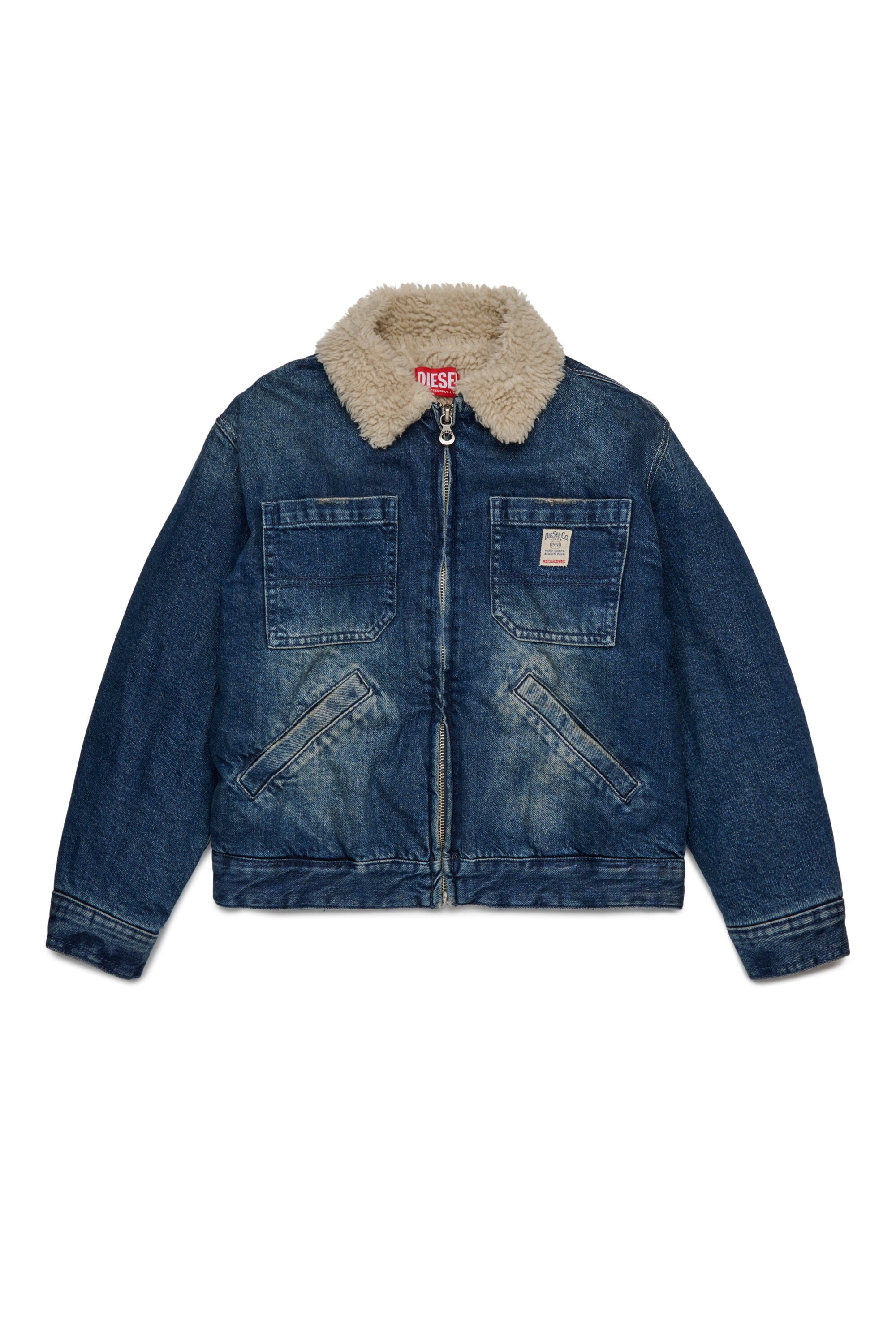 Dirty effect denim trucker jacket with teddy collar