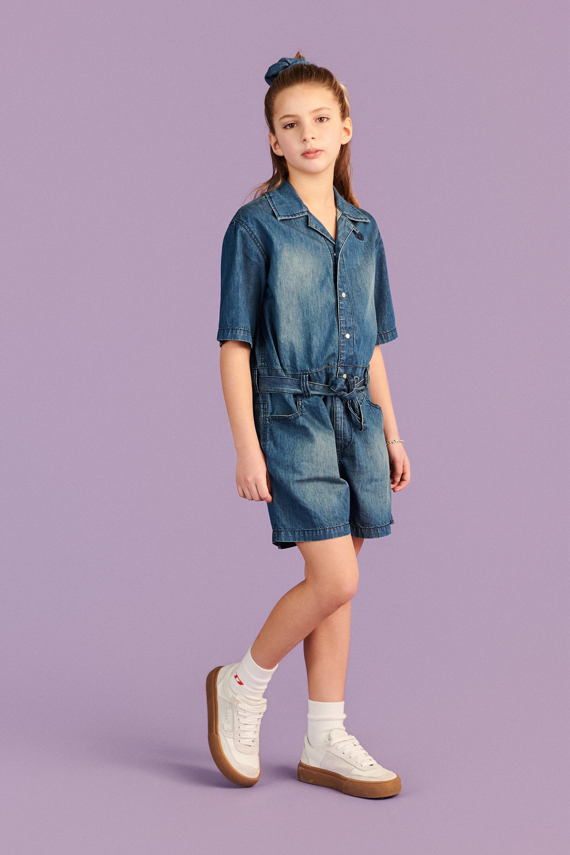 Denim romper with logo
