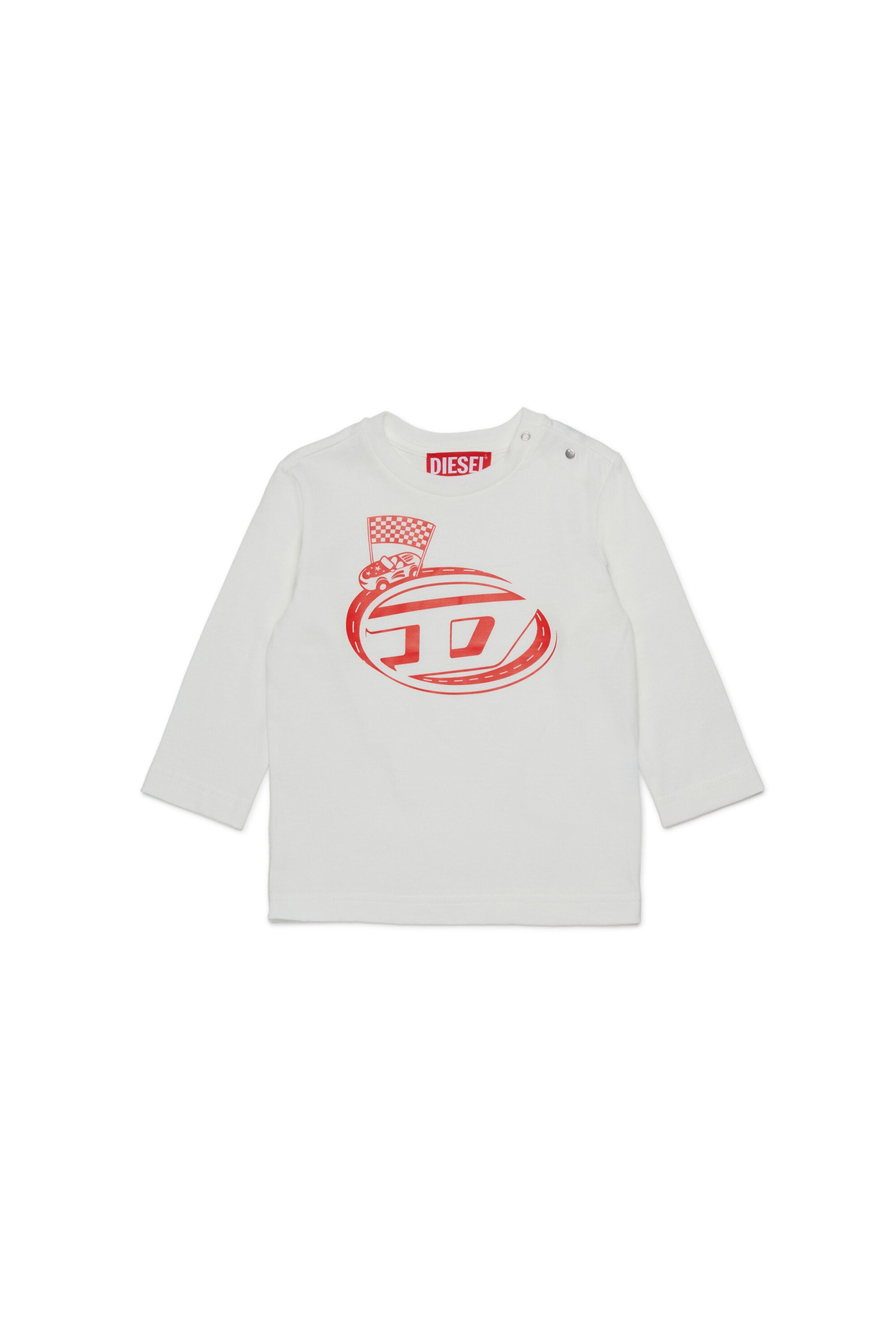 Diesel Funny Racingグラフィックの長袖ジャージー素材Tシャツ。
