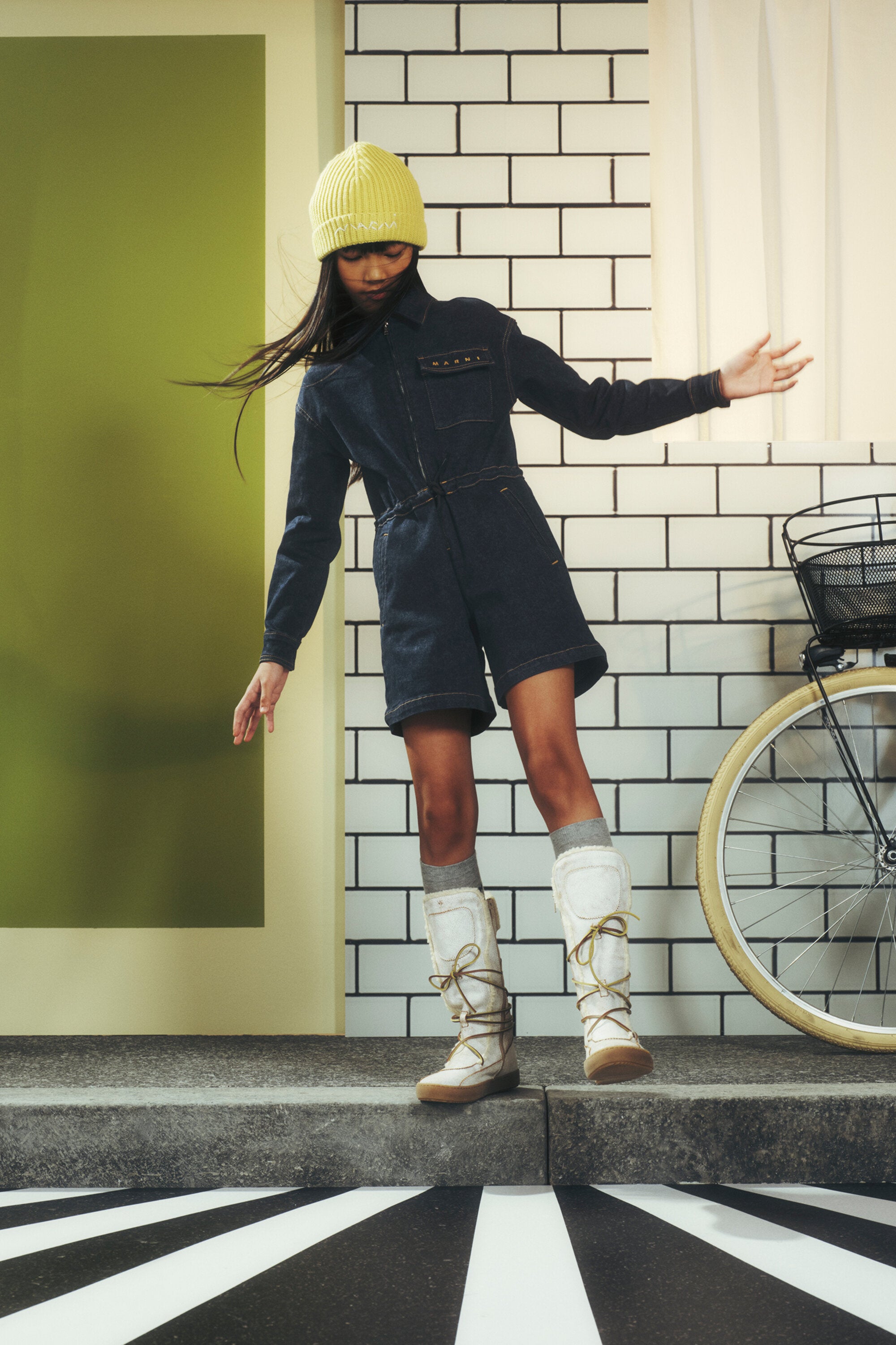 ドローストリング付き霜降りデニム・ジャンプスーツ