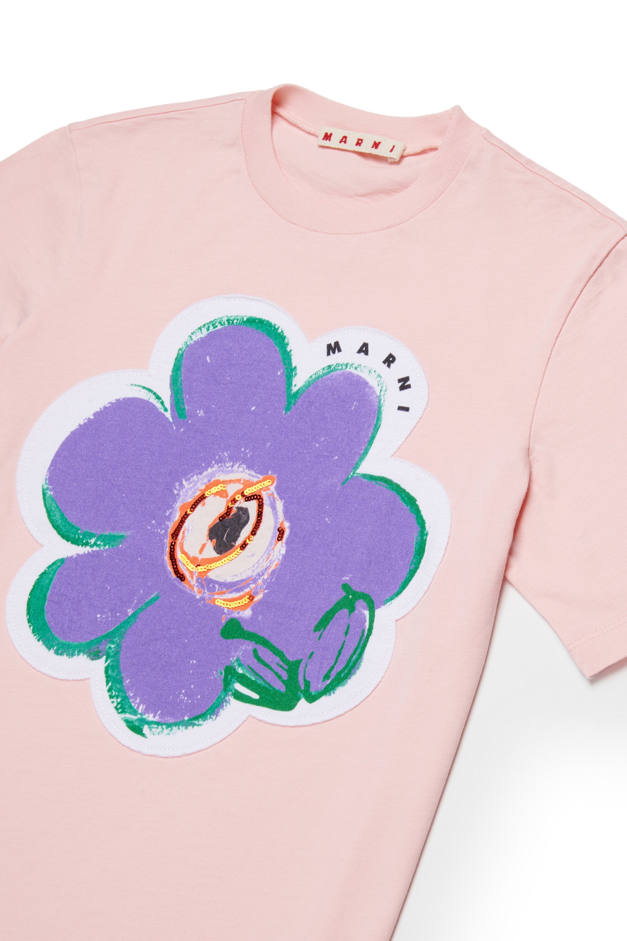 フラワーアップリケ付きロゴTシャツ
