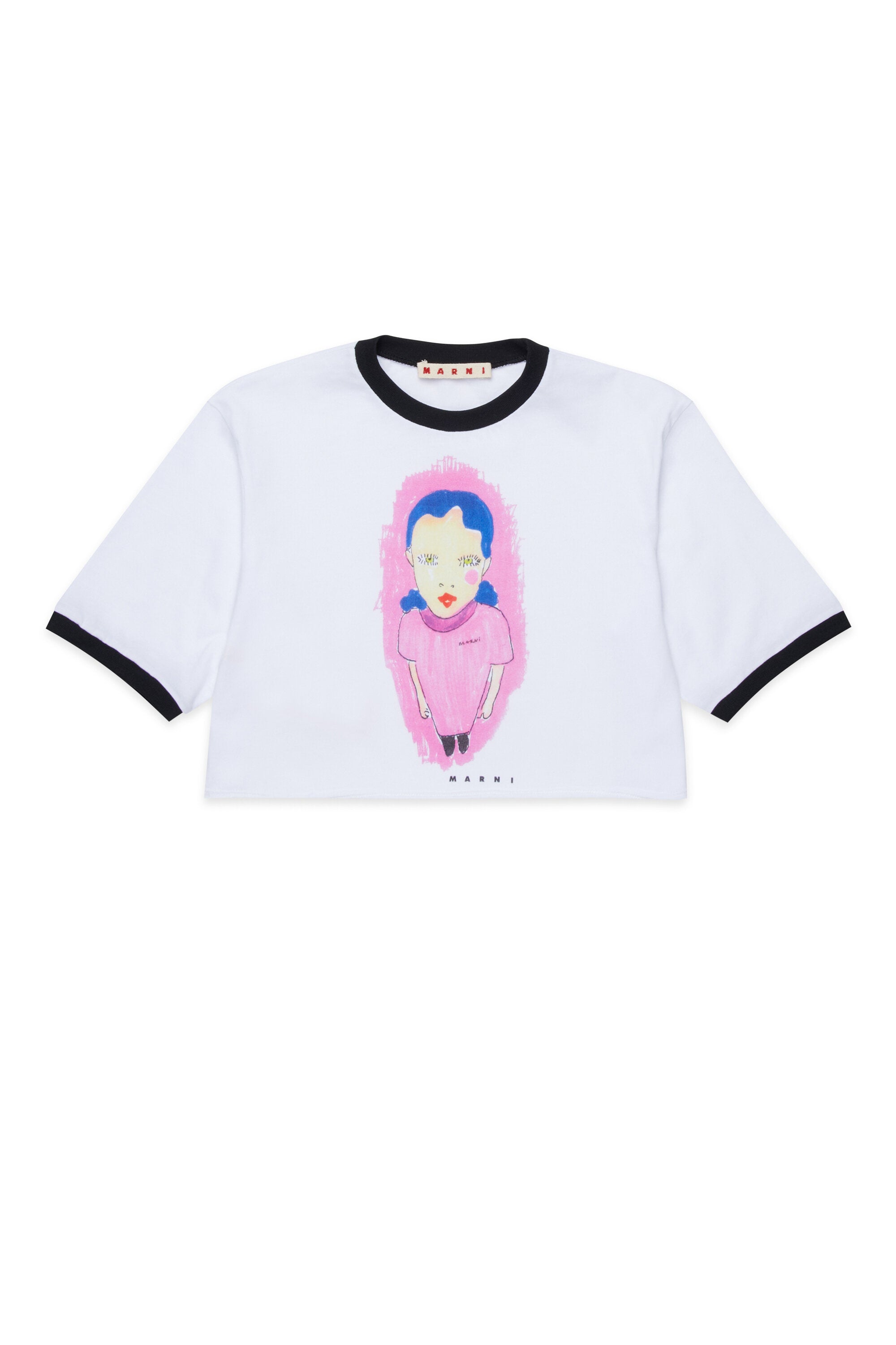 コントラストの効いたトリム付きグラフィックプリントTシャツ