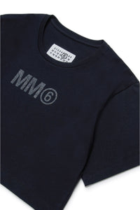 MM6グリッターロゴのブランドロゴ入りクロップドTシャツ