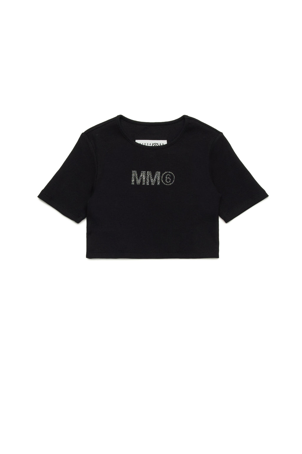 MM6グリッターロゴ入りリブ編みTシャツ