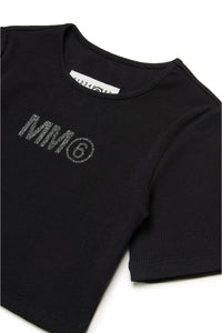 MM6グリッターロゴ入りリブ編みTシャツ