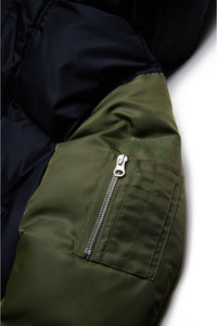 Long two-tone padded jacket with bomber sleeves