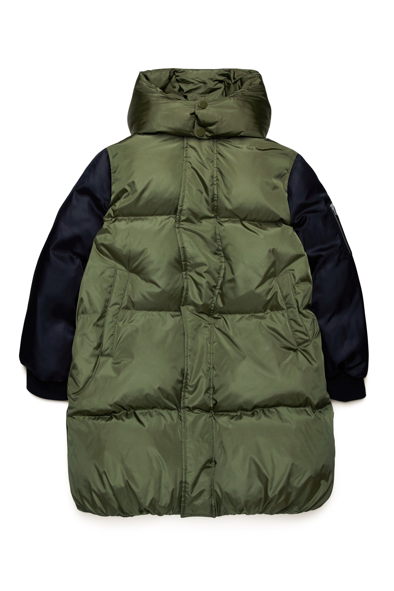 Long two-tone padded jacket with bomber sleeves Long two-tone padded jacket with bomber sleeves