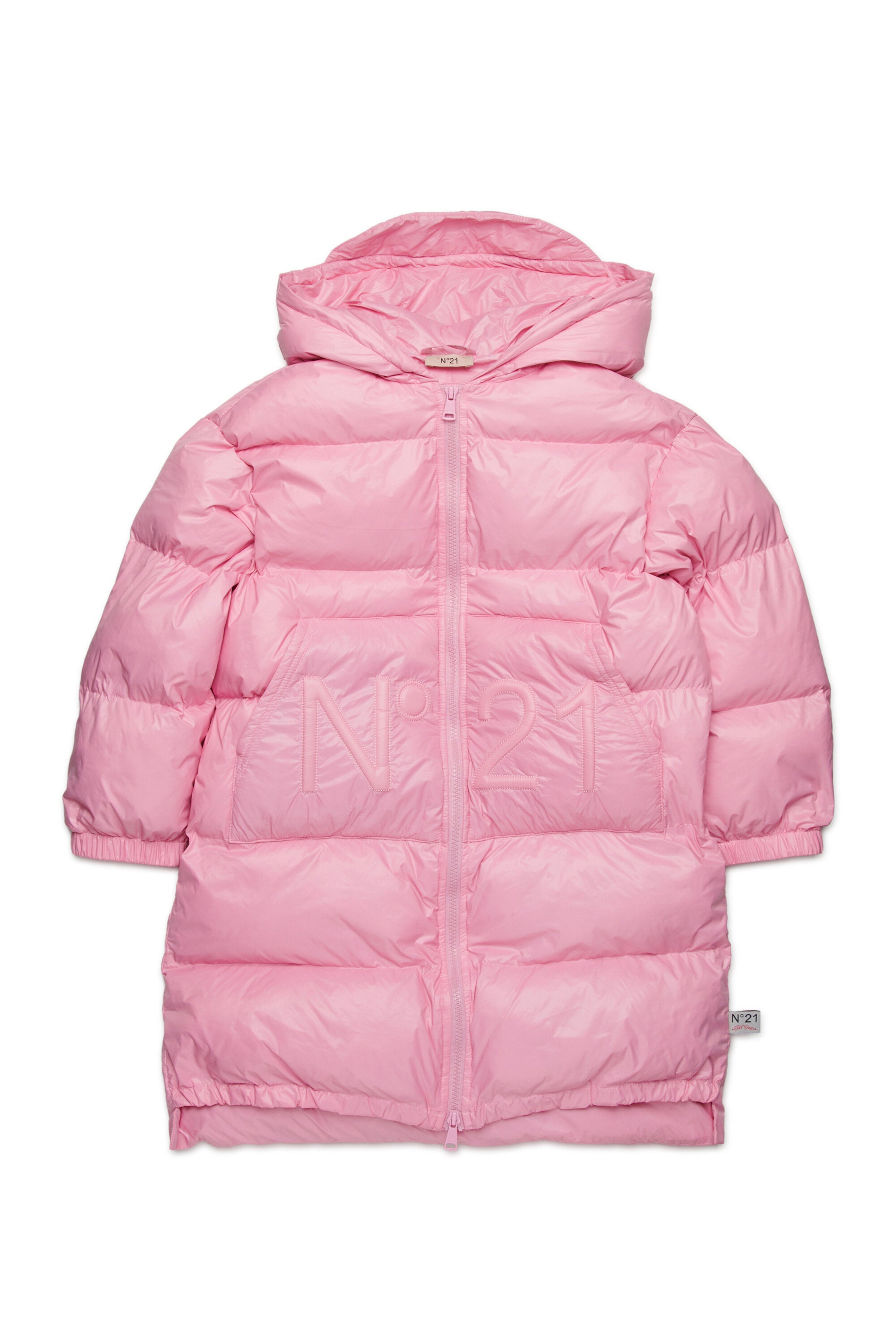 Long padded jacket with asymmetrical bottom